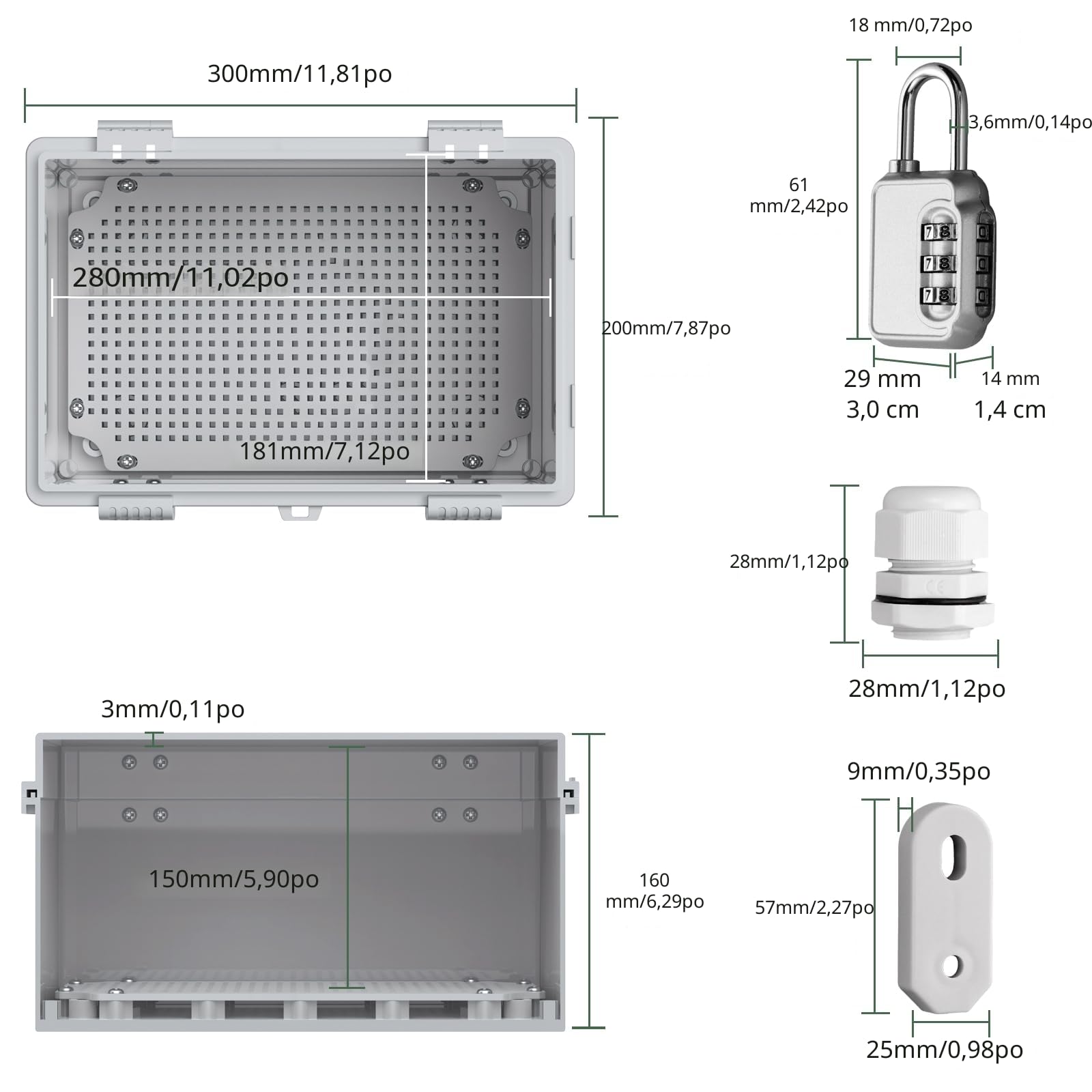 EYPINS Boîte de distribution étanche IP67, boîte de jonction étanche en plastique ABS - Boîtier extérieur - Boîte électrique avec accessoires de montage - 30 x 20 x 16 cm - Armoire électrique grise