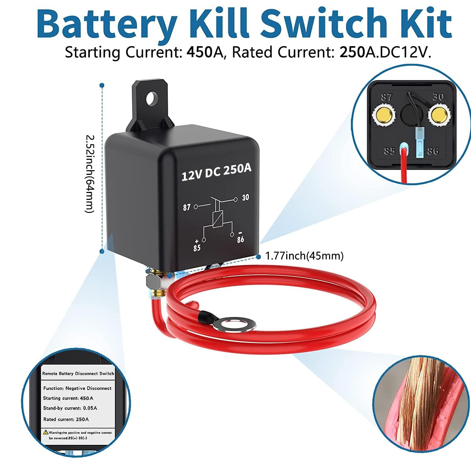 Remote Battery Kill Switch Kit, 250A DC 12V Top Post