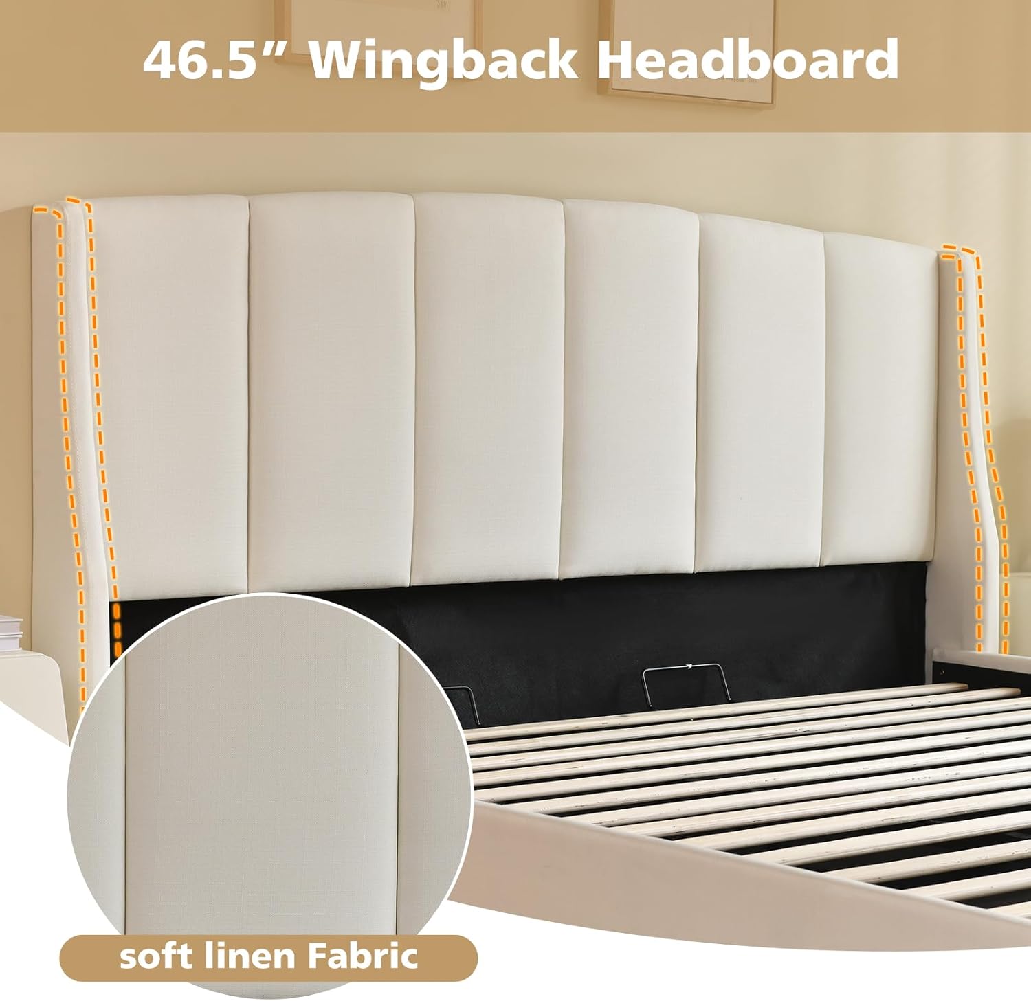 VELOCAVA King Size Lift Up Storage Bed, Soft Upholstered Beds with Hydraulic Mechanism, Modern Wingback Headboard with Vertical Channel Design, Wooden Slat Support, Easy Assembly, White