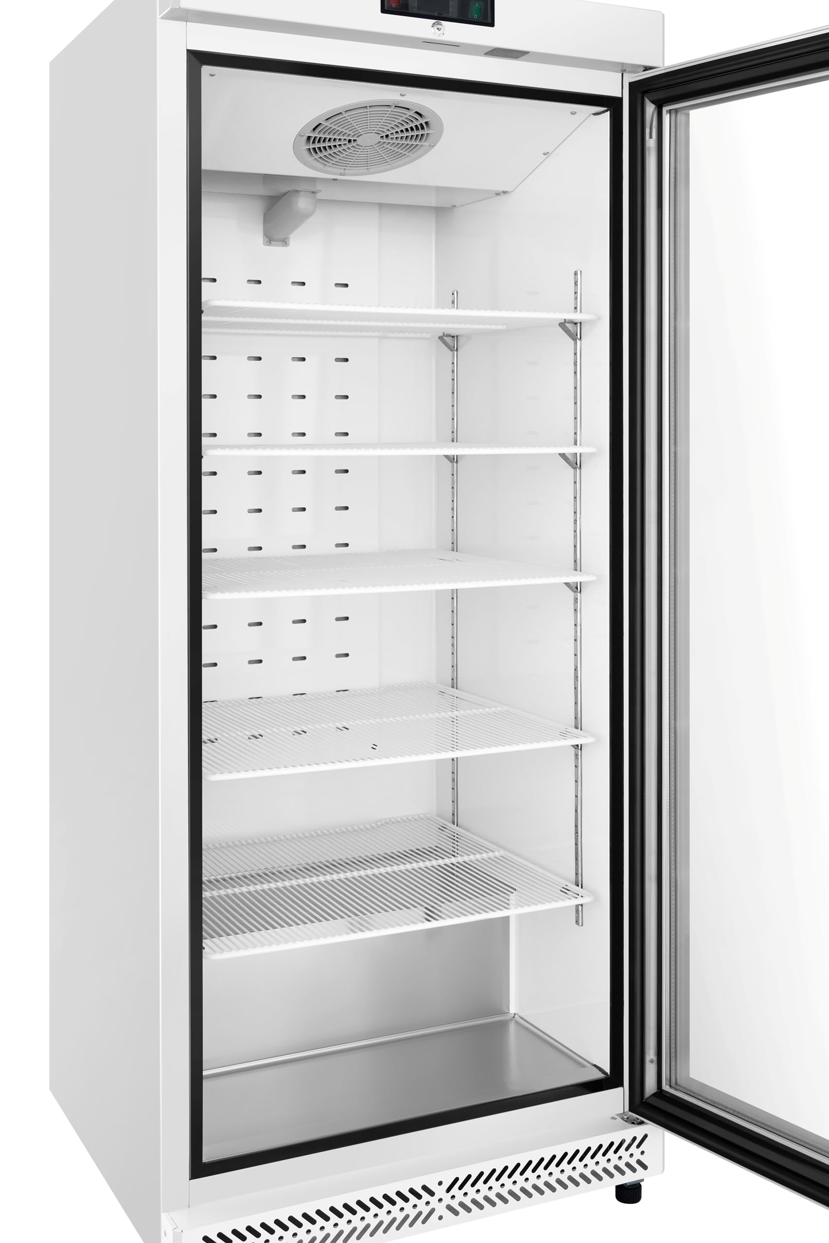 METRO Professional Frigorifero con Porta in Vetro GRE6600G, 380L, 5 Ripiani, Illuminazione LED, Serratura, 2 Ruote, Bianco