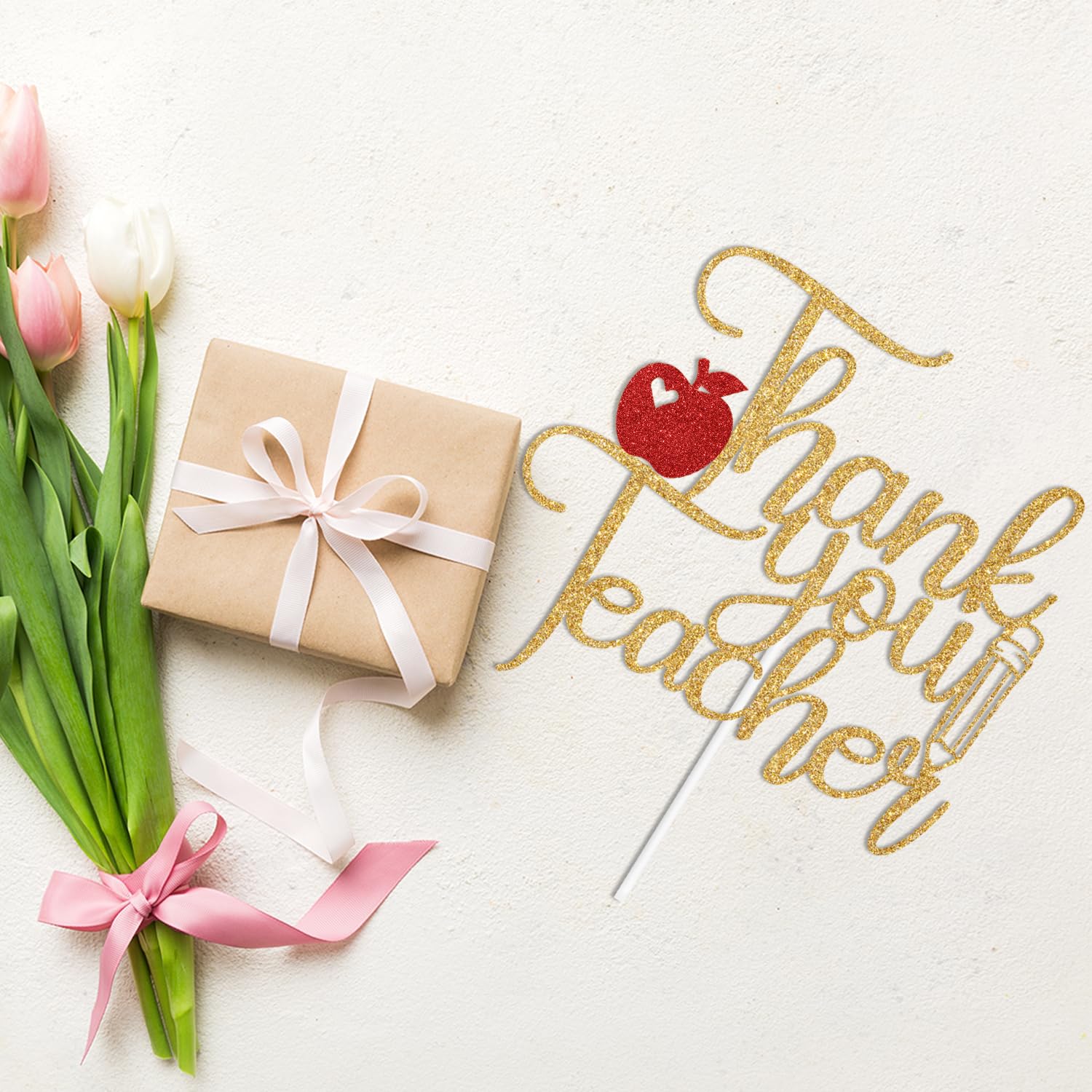 Thank You Teachers Cake Topper - Gold & Red Glitter, 7"x4.5" Appreciation Party Decorations