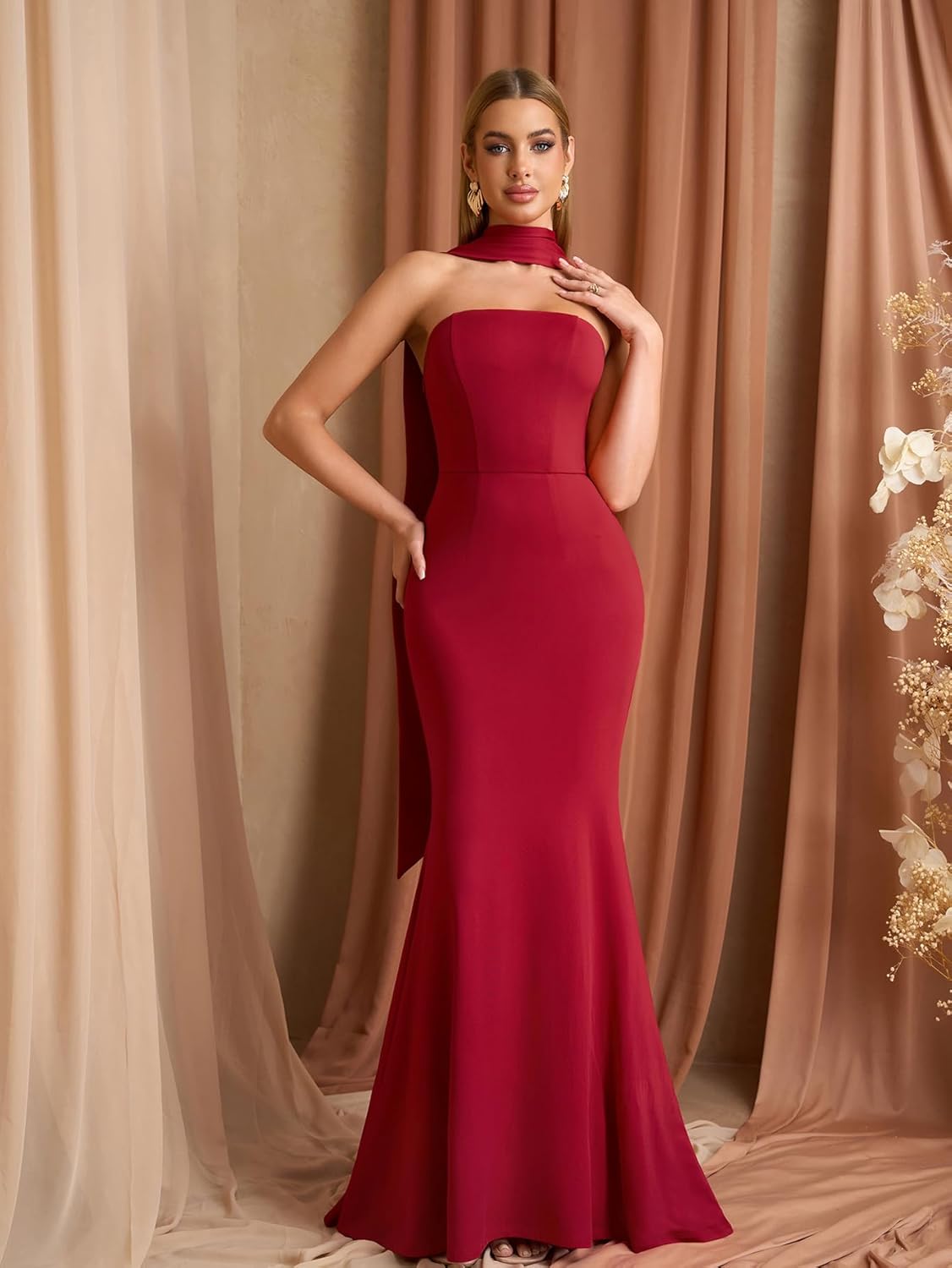 Auraxe 2026 Women's Bodycon Formal Maxi Dresses Elegant Tube Summer Wedding Guest Cocktail Party Dress with Scarf - Image 5