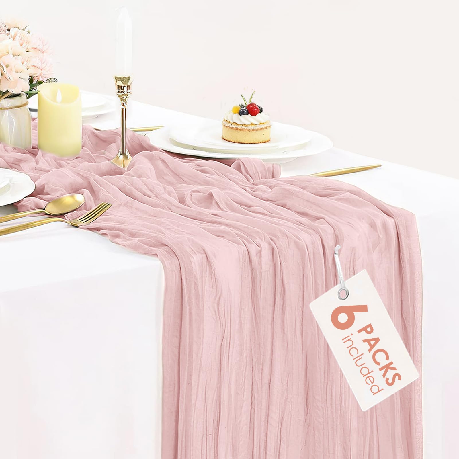Paquete de 6 caminos de mesa de gasa de color rosa polvoriento, bohemio, a granel, rústico, transparente, de 120 pulgadas, para boda, novia, baby shower, primavera, Pascua, decoración de mesa