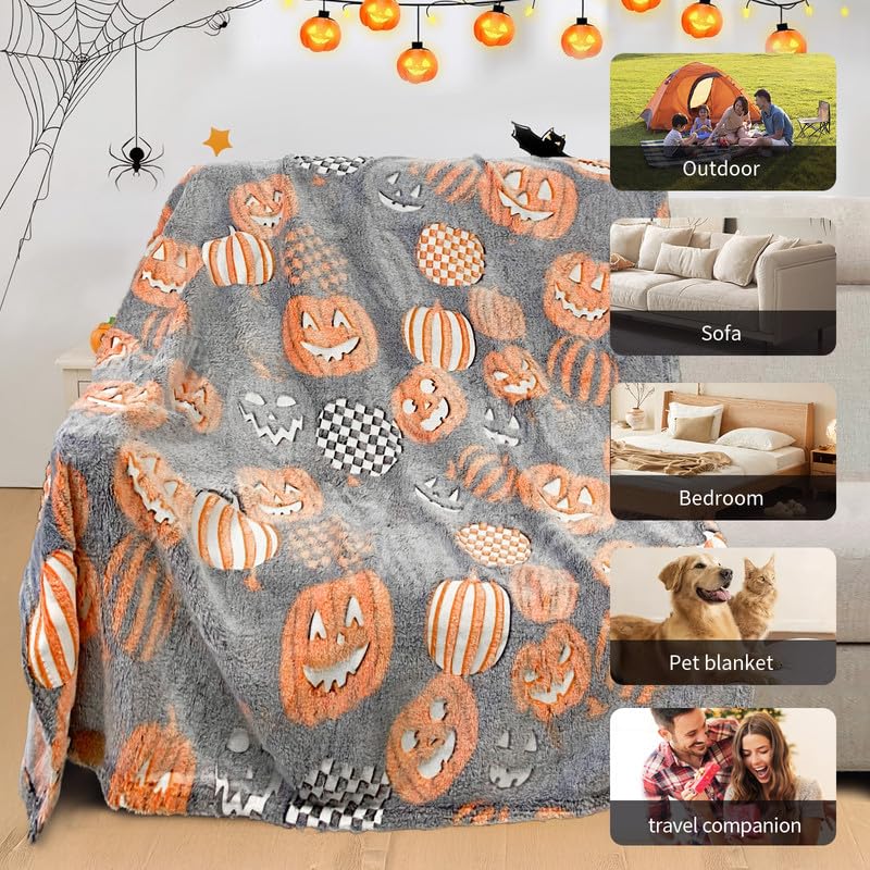 TEHALK Cute Halloween Pumpkin Blanket for Kids/Teens/Women/Men, Spooky Fall Throw Blanket 50"x60"