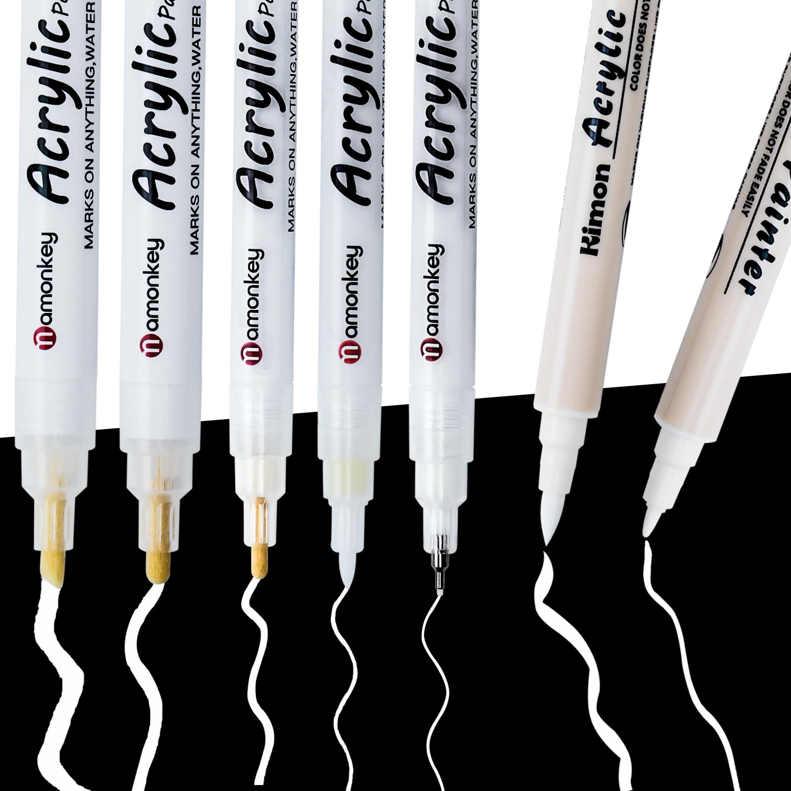 LYINUR 6 Pcs White Acrylic Pen, White Gel Pen Set - 0.5/0.7/1.2/2.0/4.0mm/BR Soft Tip, Acrylic Paint Pens Permanent Marker for Art, Easter, Black Paper, Fabric, Glass, Ceramic, Rock Painting