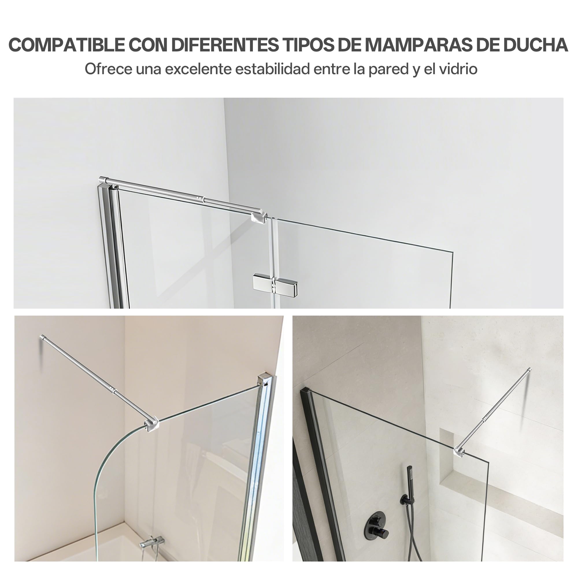 Barra de soporte telescópica de pared para mampara de ducha, ajustable de 68,5 a 127,8 cm (desde la pared hasta el borde interior del vidrio), para vidrio de 6-10 mm, cromo | Fabricado con acero inoxidable 304, adecuado para vidrio de 6-10 mm y permite un
