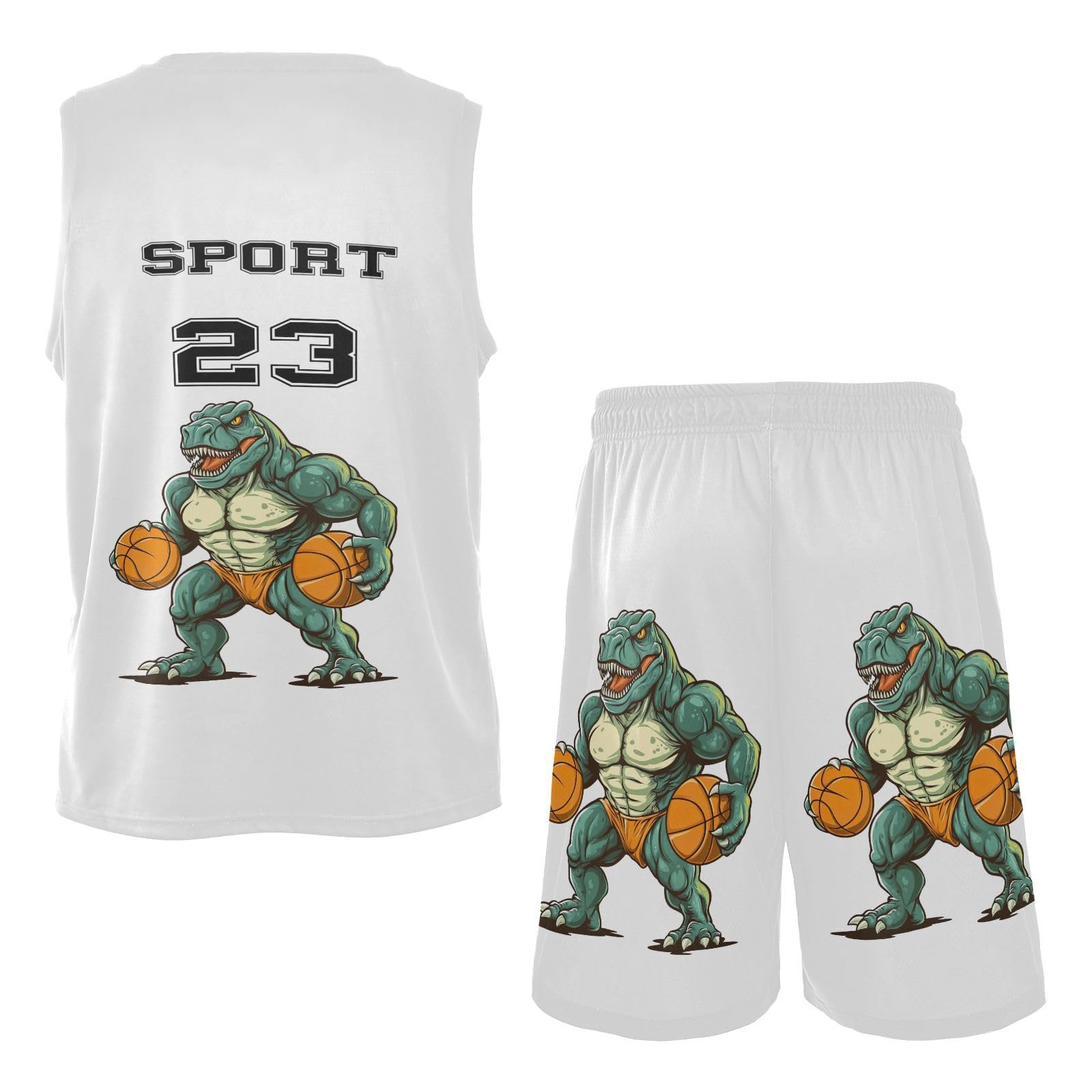 FLildon Dinosaur Playing Basketball Boys Basketball Jersey Set Tank Top Shorts Tracksuit Sport Training Suit for Kids, XXL