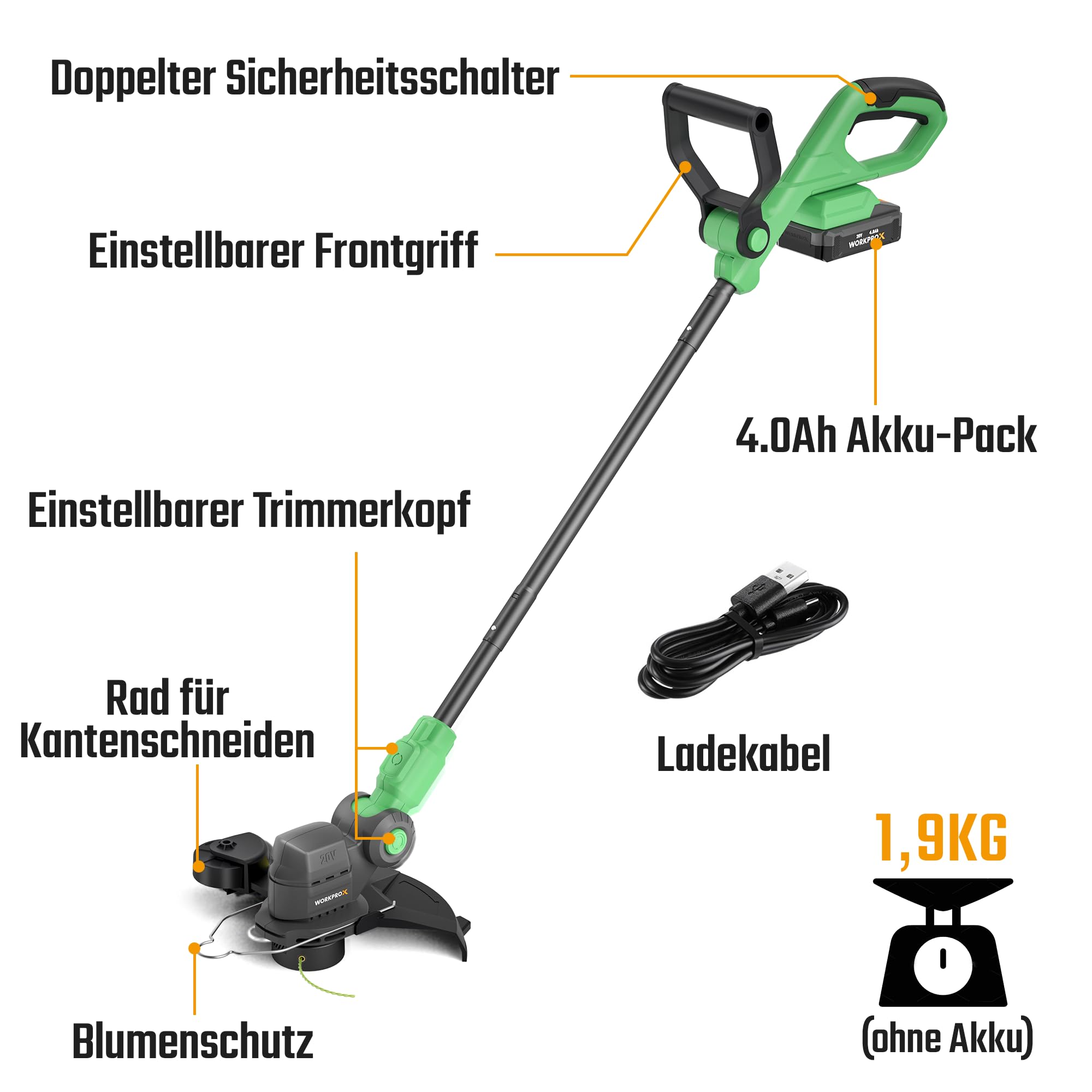 WORKPROX Akku Rasentrimmer 20V mit 4,0Ah Akku & Typ-C Ladekabel, 2-in-1 Kabelloser Rasenkantenschneide inkl. 2 x 5m Nylonfadenr, 30cm Schnittdurchmesser mit Drehbarer Trimmerkopf