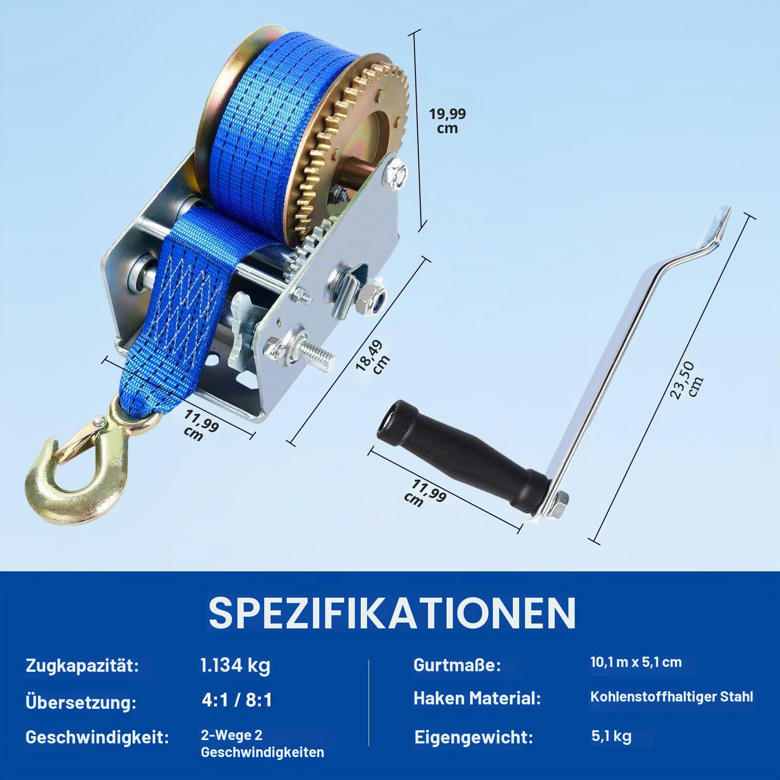 FreeTec Handwinde 1130 kg Gurtwinde Winde mit Blau Gurt Bergungswinde Bootswinde Handwinde Winde (10m 2500lbs)