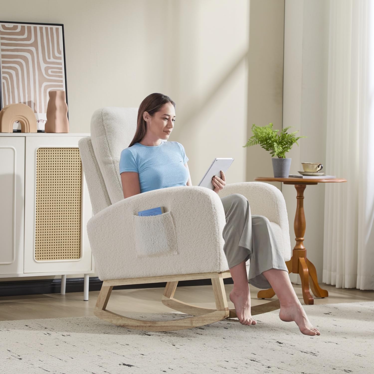 Rocking Nursery Chair, Upholstered Nursery Glider Rocker Solid Wood Legs, Morden Accent Comfy Rocking Chair with Lumbar Pillow for Living Room, Bedroom, Teddy Green (White, No Footrest)