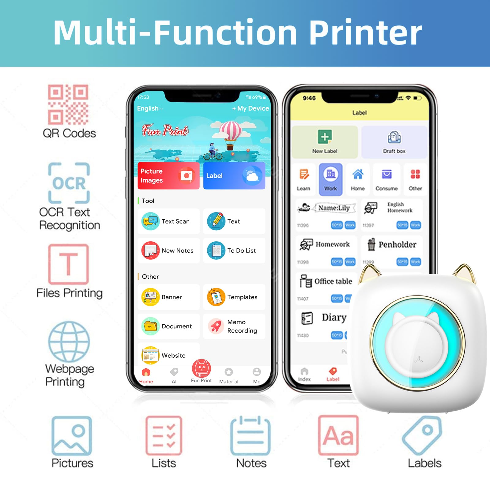 Mini Impresora para Movil, Mini Impresora Termica Fotográficas, Bluetooth Inalámbrico Impresora Térmica con 14 Rollos de Pape, Portátil Impresora Termica,Movil Impresora Fotos,para Fotos Nota