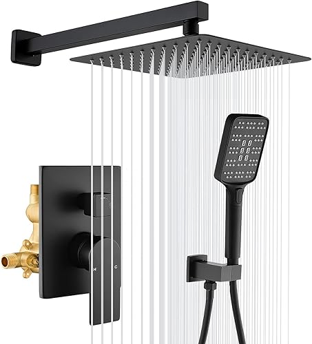 DIFEINI Juego de grifo de ducha, sistema de ducha negro mate con cabezal de ducha de acero inoxidable de 10 pulgadas, equilibrio de presión, kit de