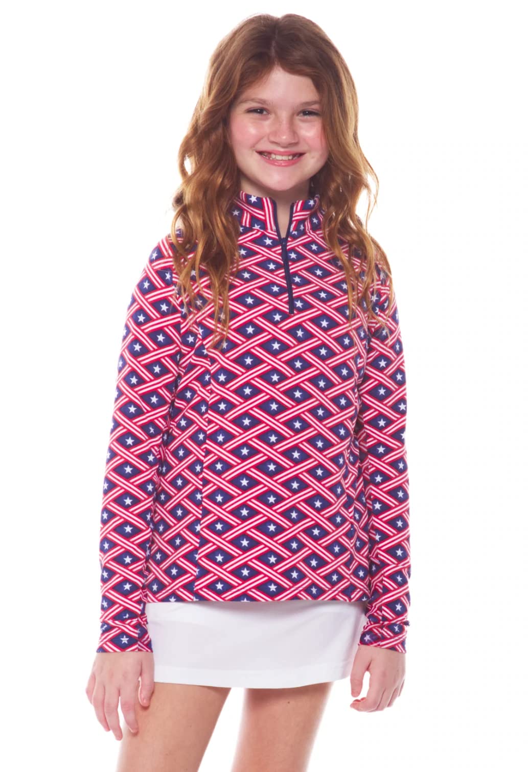 IBKUL Girls Sun Protective UPF 50+ Cooling Americana Print Long Sleeve Mock Neck Top - 10977G Navy/Red Americana M