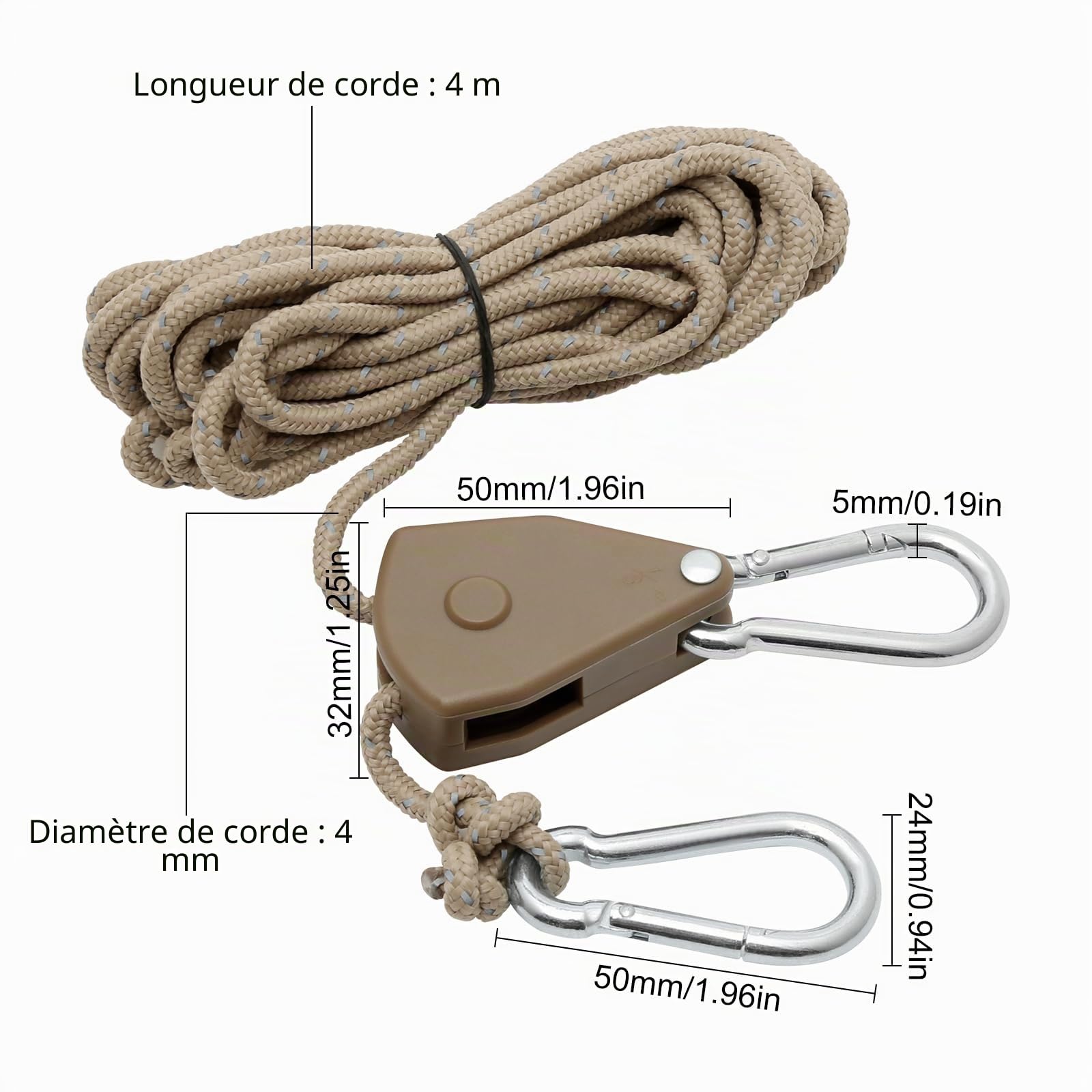 Corde à Cliquet Réglable 4M, Poulie à Cliquet Kaki 1/8, Tendeur avec Crochets pour Tente Randonnée