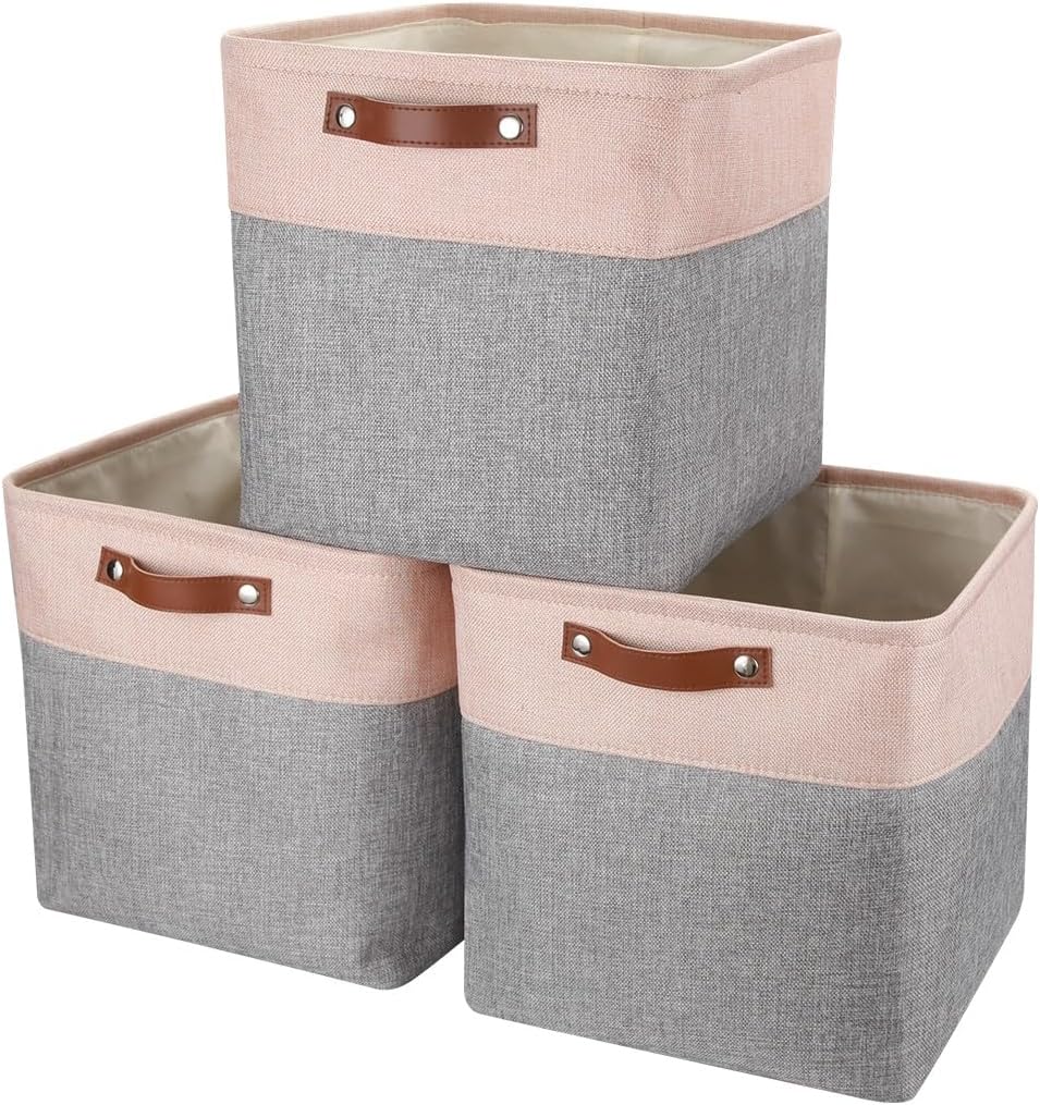 Mangata Storage Boxes, Set of 3 Fabric Storage Cubes with Handles(33x38x33cm, Grey Pink)
