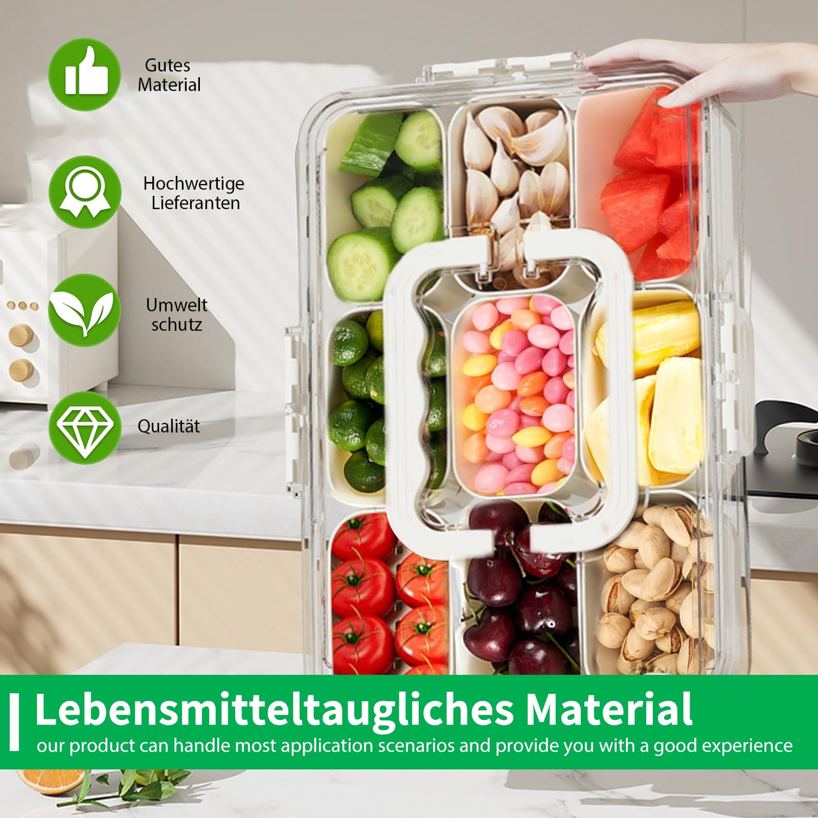 Lahnaokfis Snack Box, 8 Scomparti Contenitore per Snack con Scomparti E Coperchio, Multifunzione Porta, Portatile Piatto Spuntino con Maniglia, Trasparente Vassoio Portata Diviso per Bambini