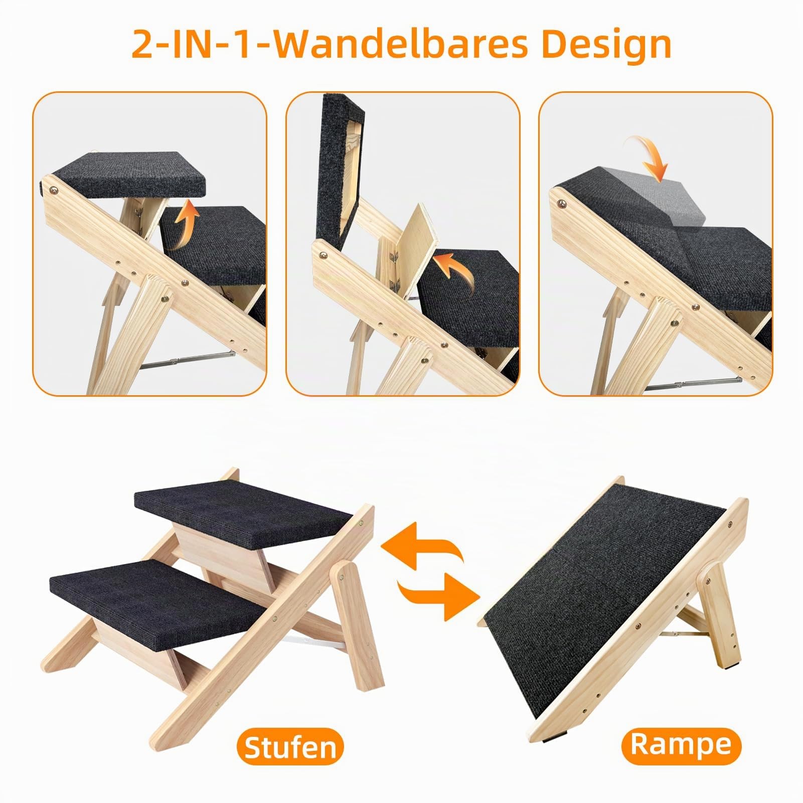 Hundetreppe für Kleine Hunde, 2-in-1 Faltbare Hundetreppe/Rampe aus Holz für Betten, Sofas und Autos, Haustiertreppe und Rampe 33cm Hoch, leicht zu bewegen katzentreppe, bis zu 80 KG