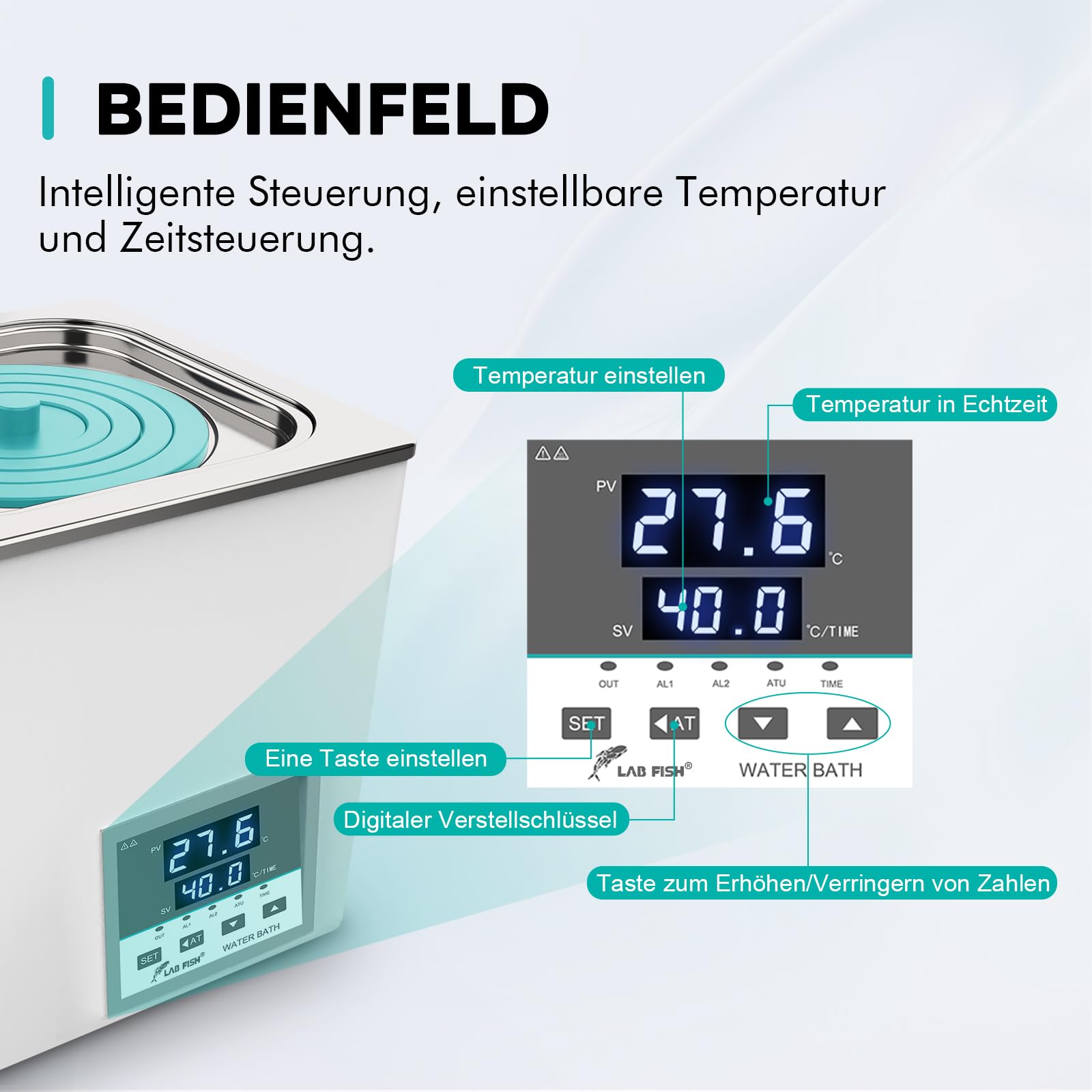 LABFISH Lab Digital Water Bath 6L Capacity Thermostatic Heater Labor Heizgeräte Edelstahl Liner mit wählbaren Öffnungen für Experiment 4 Öffnungen