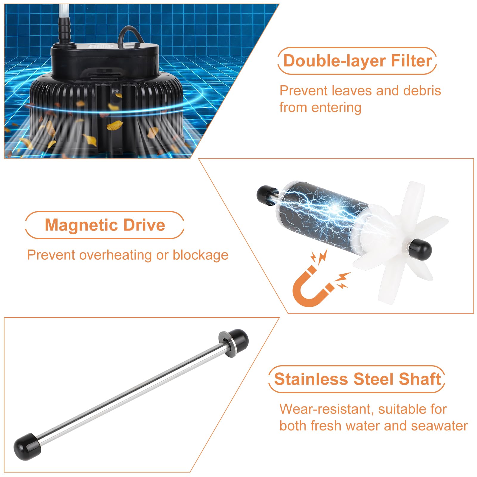 EFUTURETIME Schmutzwasserpumpe 75w Tauchpumpe 2500 L/H, Abwasserpumpe kein Integriert Schwimmerschalter, Pumpe mit 7,2M Kabel, 3 Verschiedene Adapter, 5M Schlauch, 2 Schellen (Schwarz)