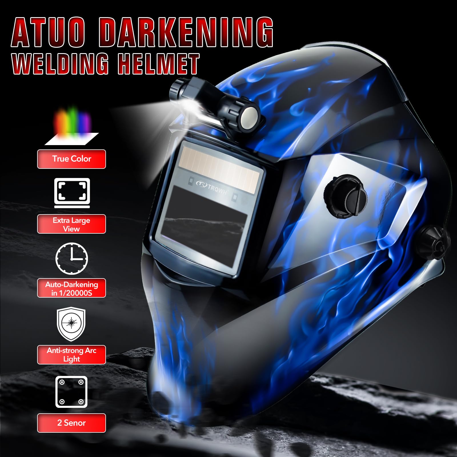 TRQWH Casco de soldadura de oscurecimiento automático con capucha de soldadura ligera, color real 1/1/1/2, claridad óptica superior, máscara de soldadura de 2 sensores de arco, sombra ancha, casco de