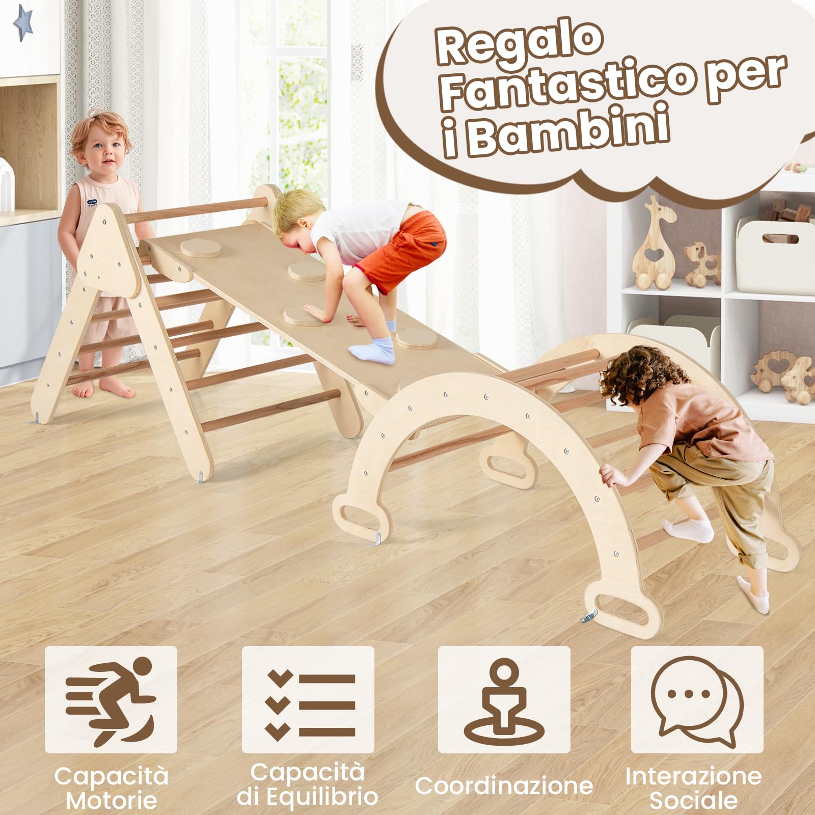 RELAX4LIFE 4 in 1 Triangolo da Arrampicata con Scivolo per Bambini, Arco da Arrampicata e Scala per Arrampicarsi in Legno, Montessori Giocattoli Bimbi 2 3 4 5 Anni
