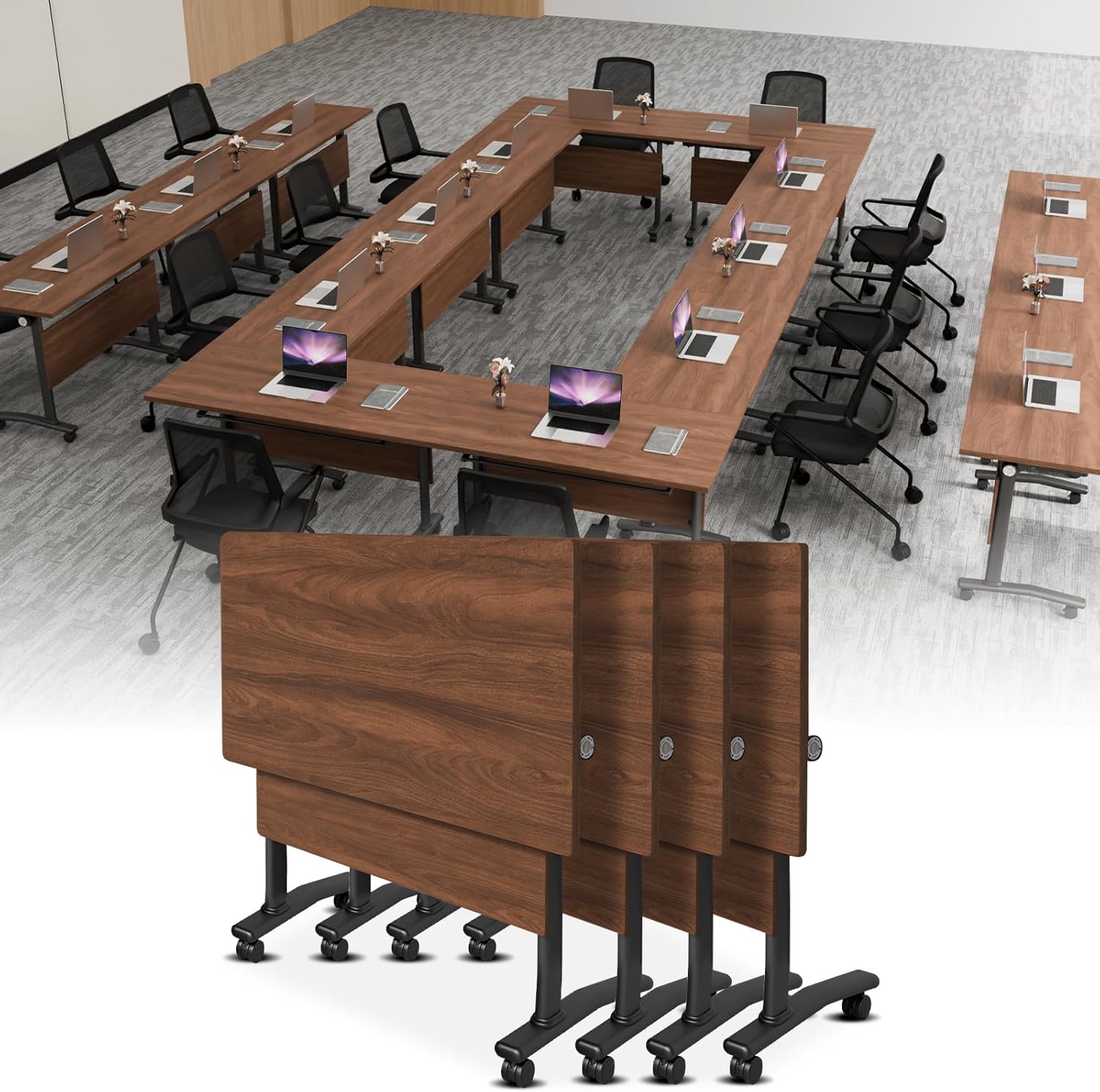 Folding Conference Table on Wheels, Modular Flip-Top Conference Room Table for 6–12 People, Mobile Training & Meeting Table for Office Classroom School, Space-Saving Design