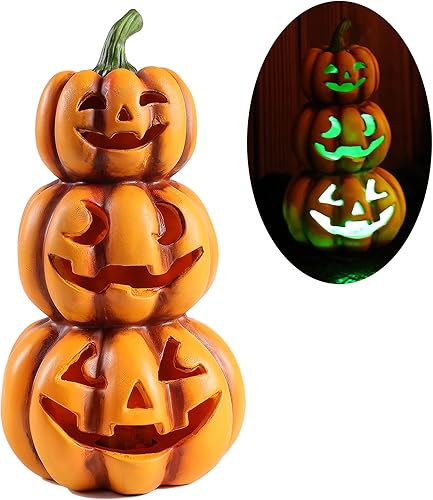 Jusdreen Calabaza Jack-O-Lantern de Halloween con luz, apilada para porche delantero, centros de mesa, espeluznante 3 niveles de 9.5 pulgadas