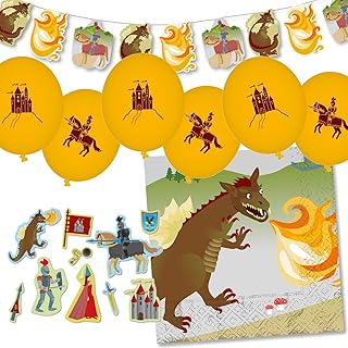 Kit de décoration « Chevaliers & Dragons » pour anniversaire d'enfant, fête à thème et fête | 59 pièces avec serviettes + confettis + guirlande de fanions + ballons | Décoration de fête pour enfants,