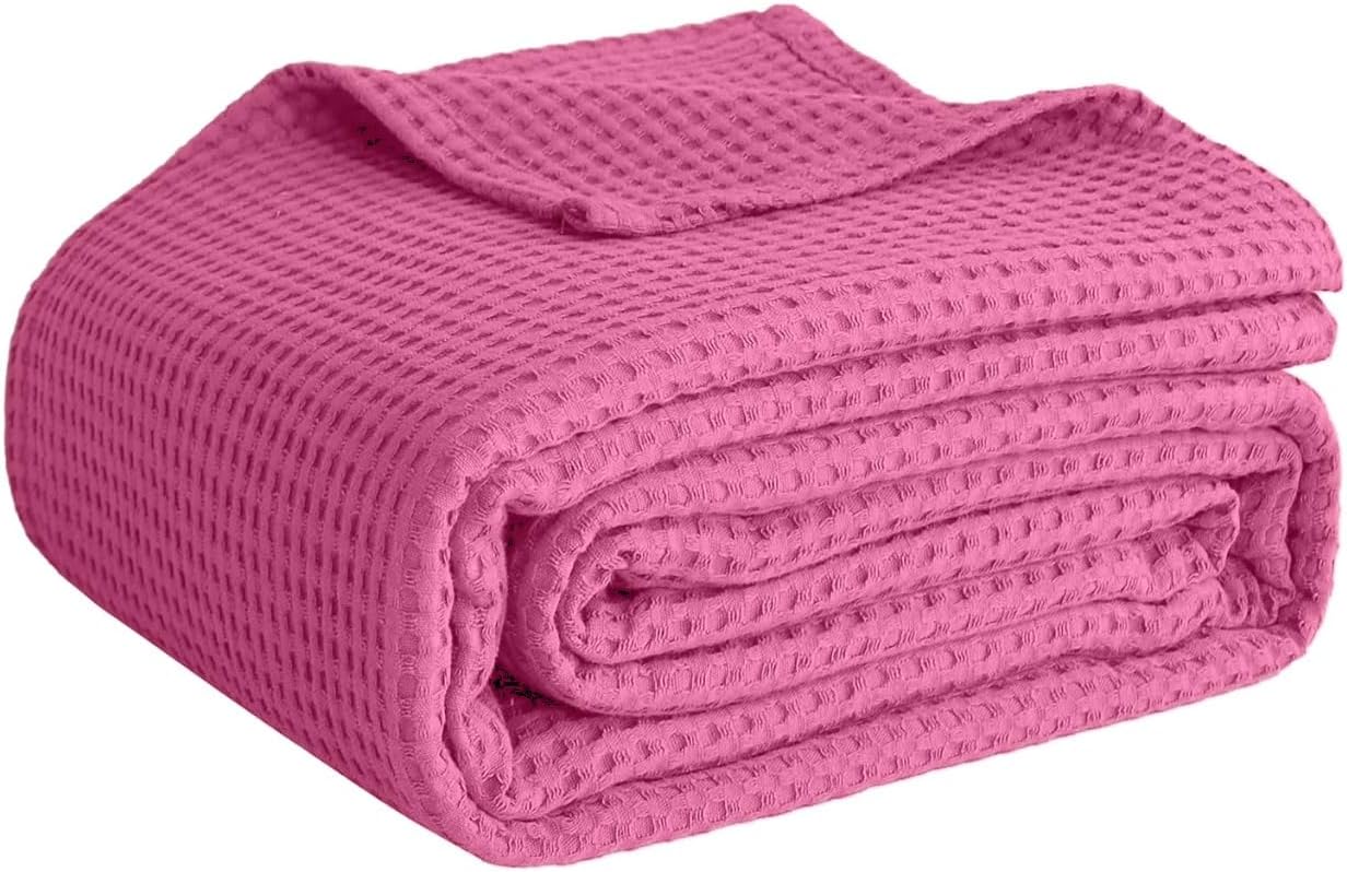 100% Cotton Blankets Throw Size for Bed - Waffle Weave Blankets for Summer, Lightweight and Breathable Soft Woven Blanket for Spring, White, 90x90 Inches (Pink, Throw (50" x 60")) - Image 7