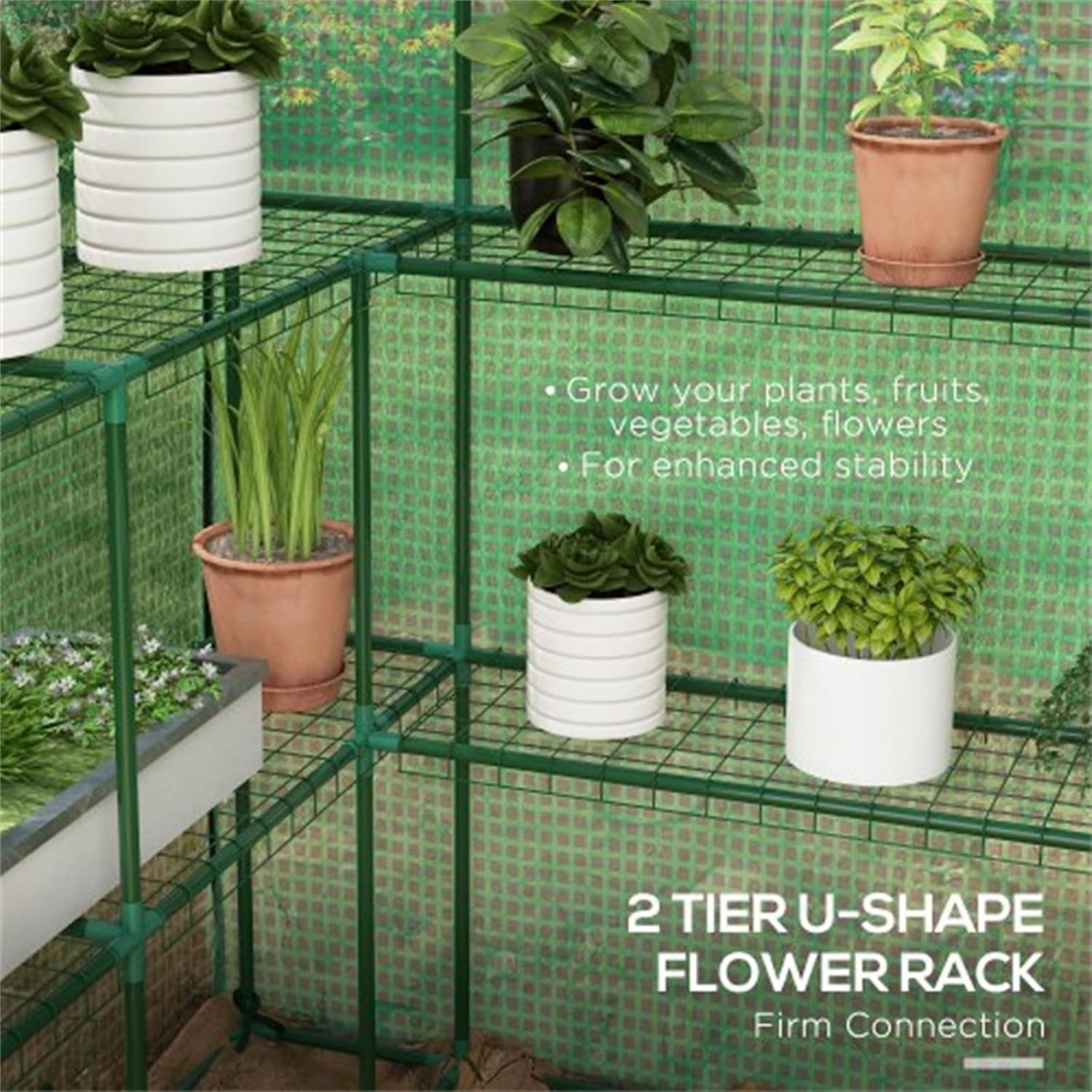 4.6' x 4.7' Portable Greenhouse, Walk-in Small Outdoor Greenhouse with 2-Tier U-Shaped Planter, Roll-Up Door and Window, Green