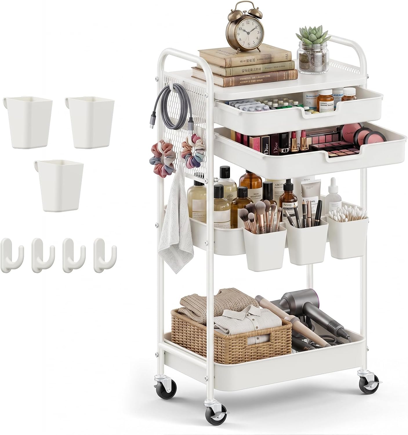 3 Tier Rolling Cart with 2 Drawers, Metal Utility Storage Carts with Wheels