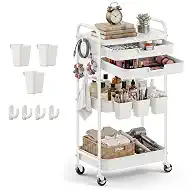 3 Tier Rolling Cart with 2 Drawers, Metal Utility Storage Carts with Wheels | Kitchen Rolling Cart 4.5" Deep Basket, Mesh Side Panel with 3 Cups, 4 Hooks for Office, Bedside, Craft Storage Cart