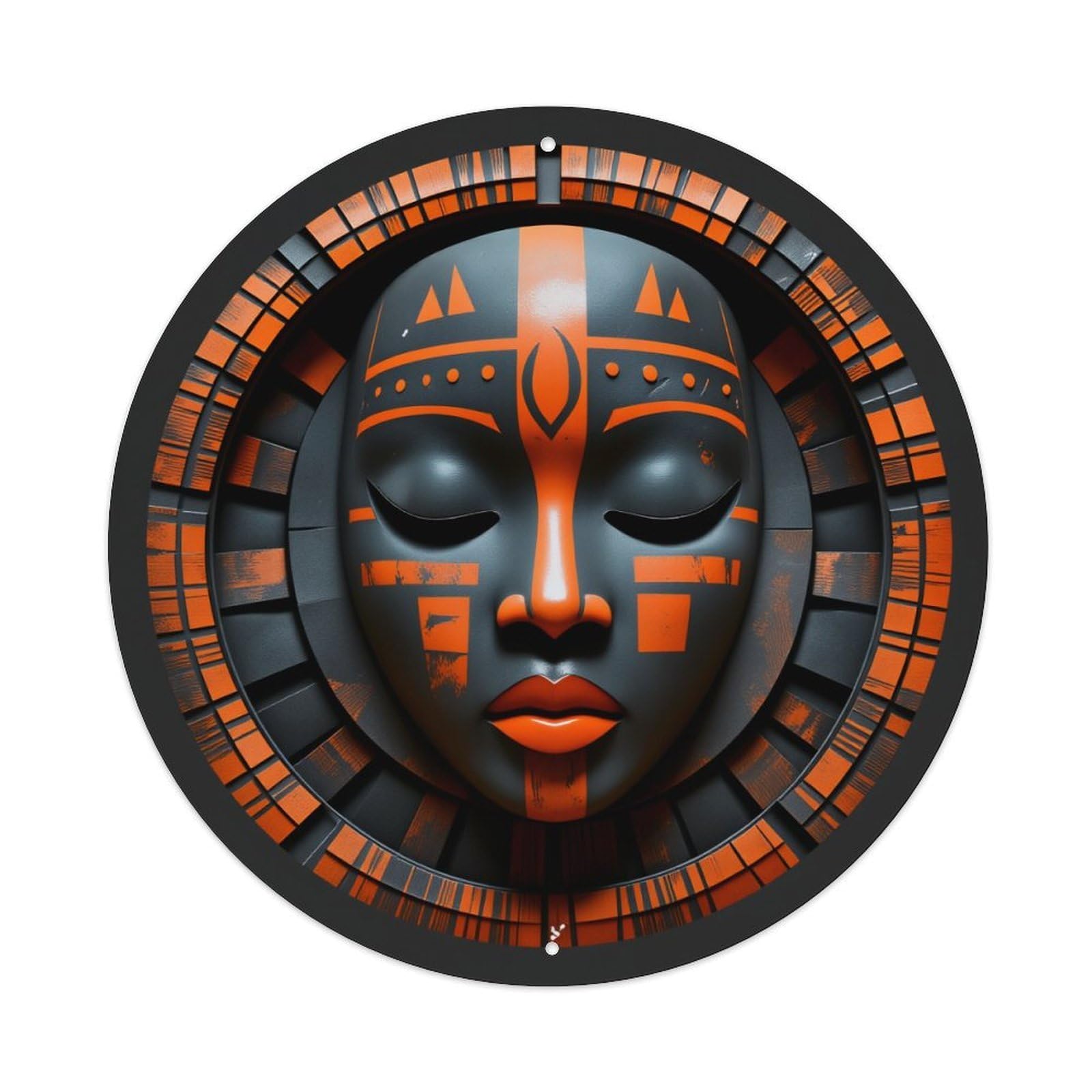 Geometric Tribal Mask Design With Orange And Black Patterns Round Vintage Tin Sign,Retro Wall Art,Metal Poster for Home, Bar, Garage, Cafe, Rustic Indoor & Outdoor Decor, 8x8 Inches