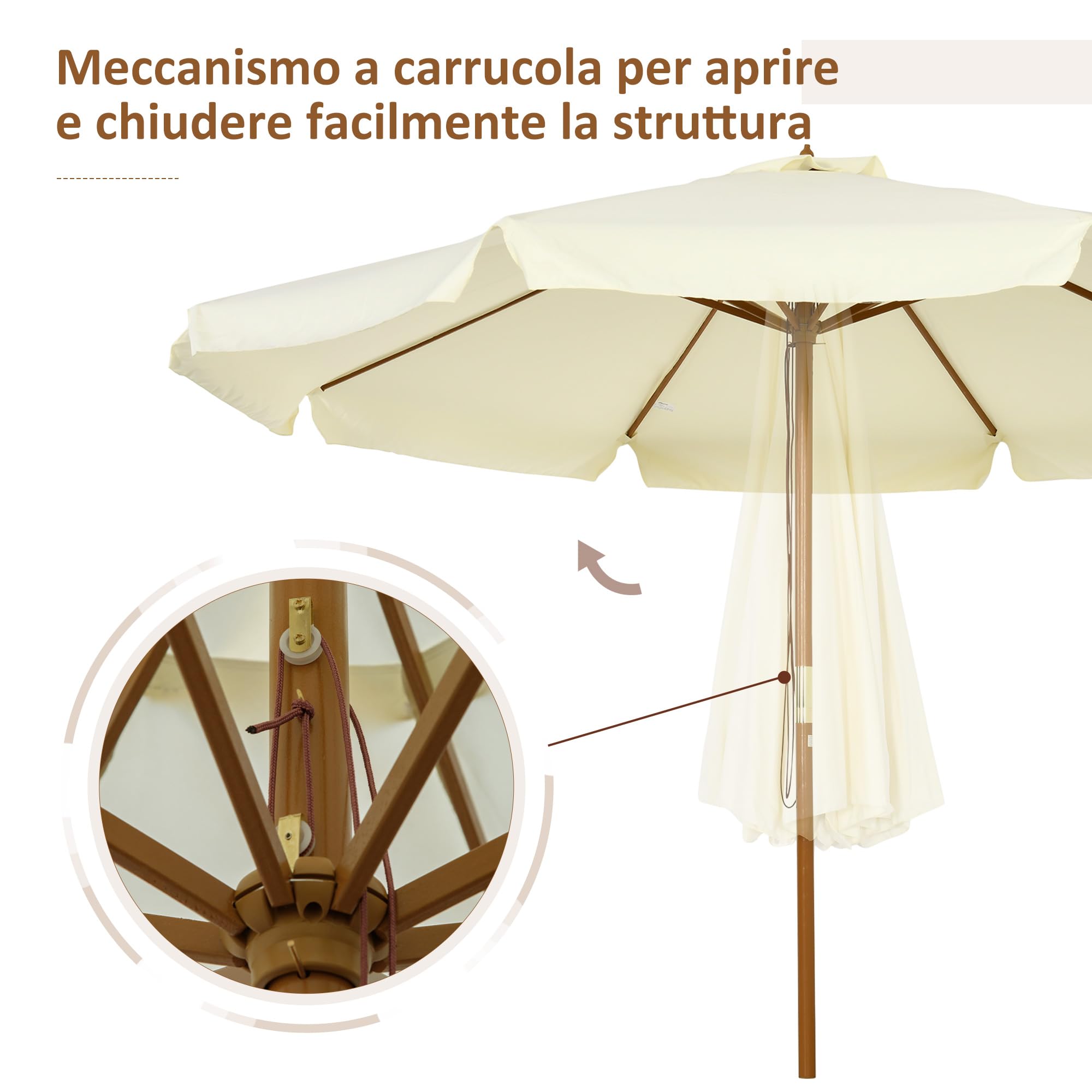Outsunny Ombrellone da Giardino Ø3.25m con Corde, Apertura Regolabile e Prese d'Aria, Ombrellone da Esterno con 8 Stecche in Legno, Bambù e Poliestere 180g/㎡, per Cortile, Terrazza e Balcone