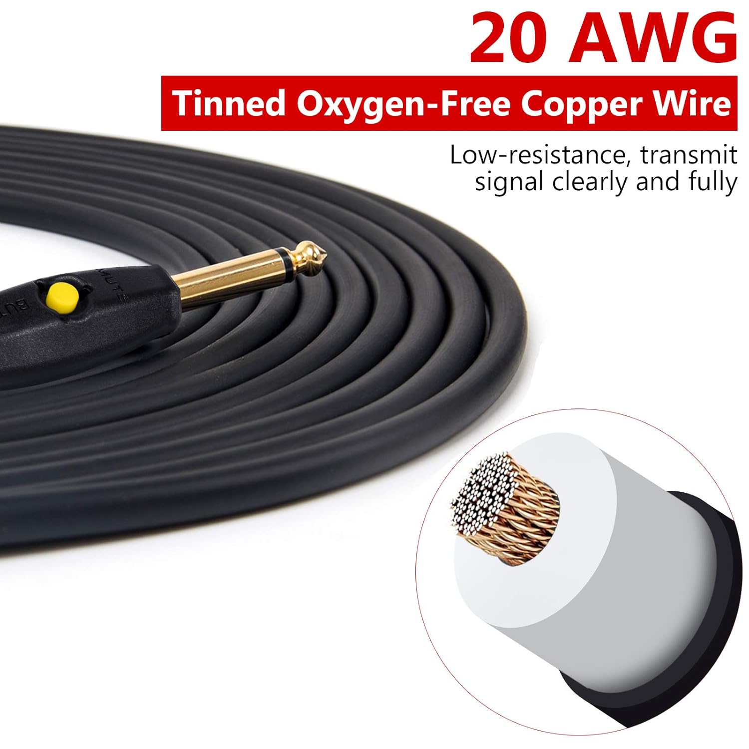 Kmise Guitar Cable - 20 ft Electric Instrument Cable with Mute Button,1/4 Right Angle to Straight for Electric Guitar, Bass Guitar, Keyboard, Pro Audio (20)