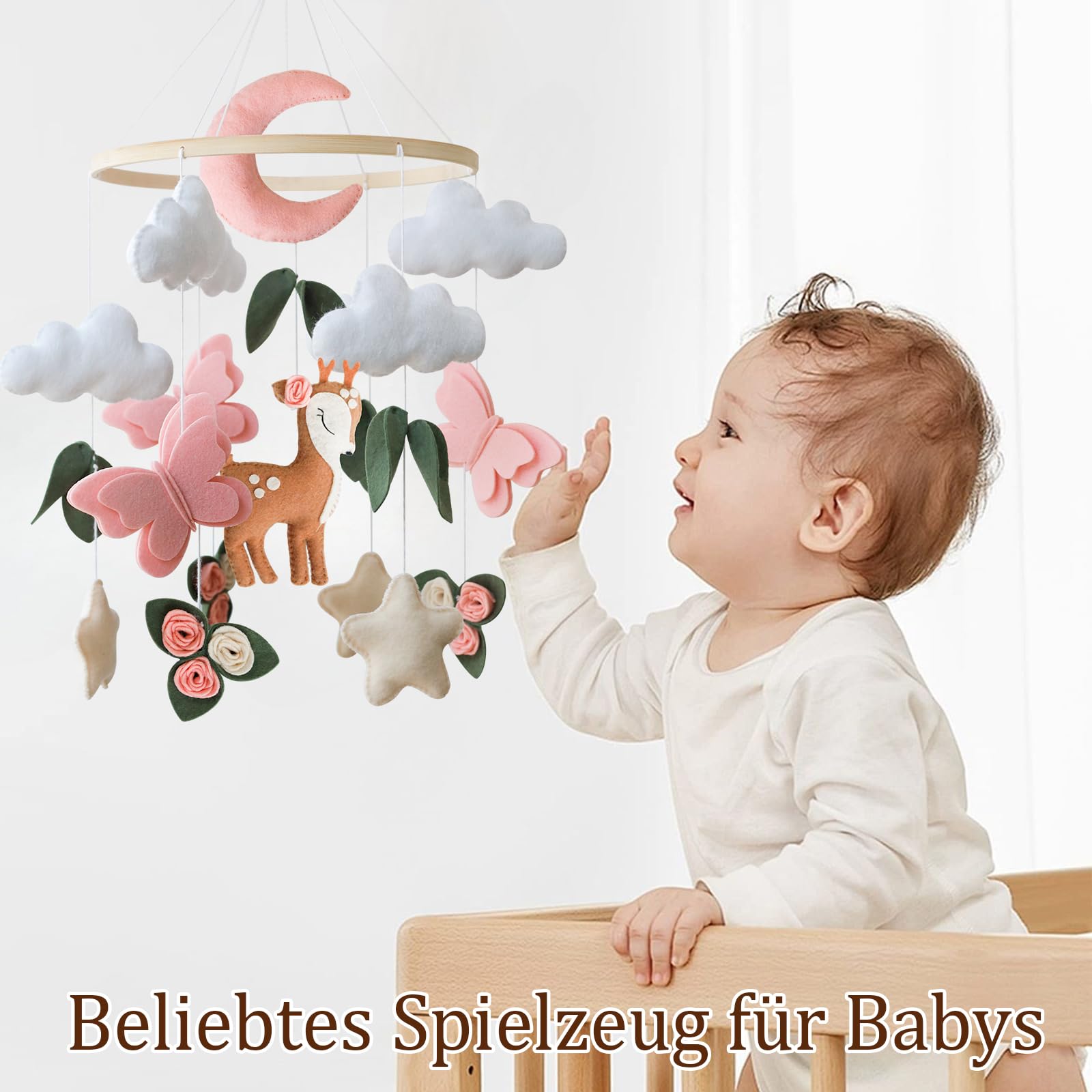Giostrina per culla con cerbiatto, luna rosa, farfalla e nuvola in feltro, decorazione mobile per culla per bambine, regalo per baby shower