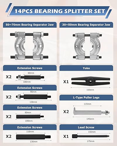 Miniatura 2 de DAYUAN Juego de 14 tiradores separadores de rodamientos resistente capacidad de 5 toneladas kit de extracción de rodamientos de 2 y 3 pulgadas