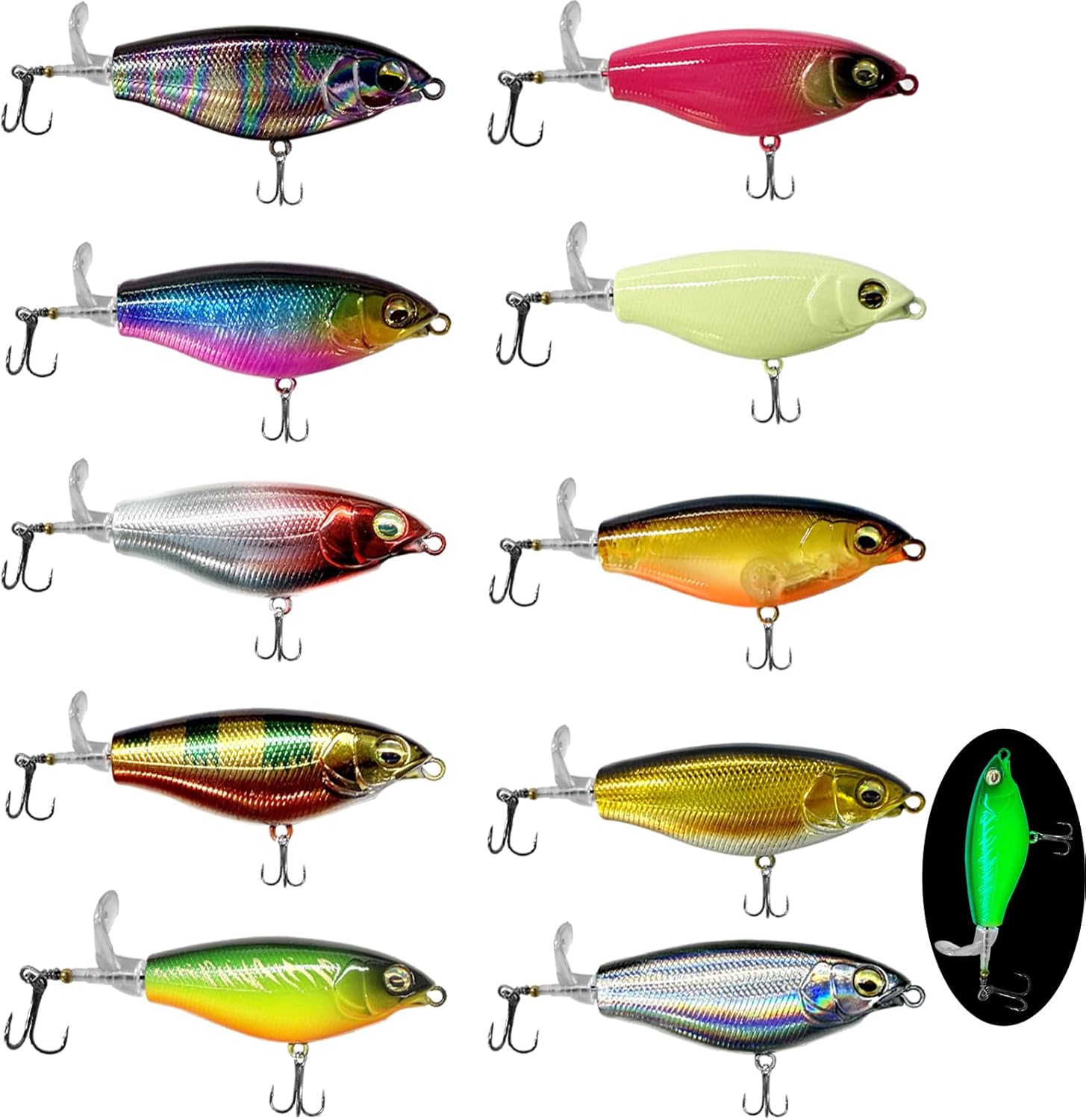 10-Pack Bass Fishing Lures: Topwater Poppers with Rotating Tail & Treble Hooks for Pike, Catfish, Explosive Strikes