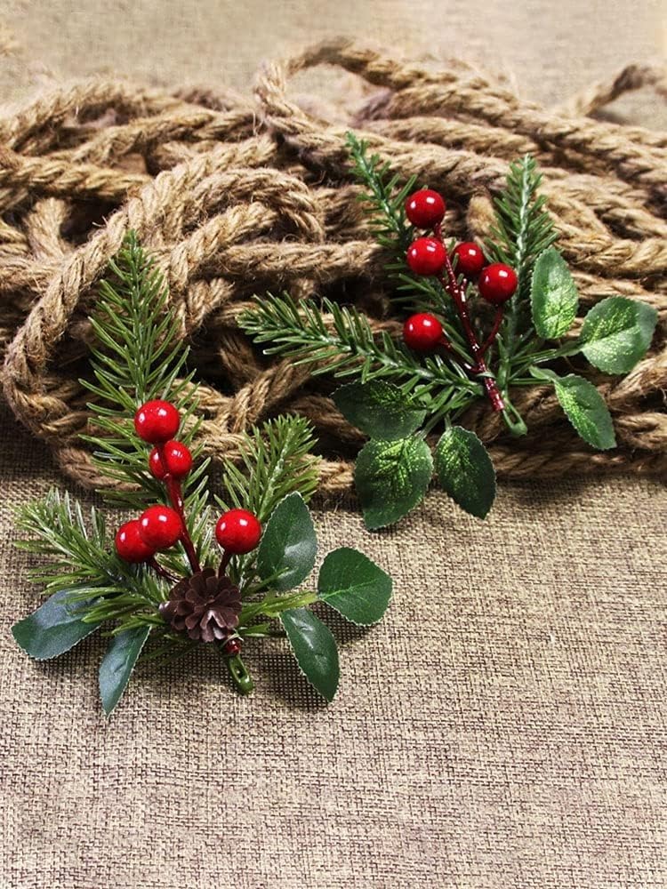 Künstliche Tannennadeln Zweige, Weihnachtskiefer, Künstliche Kiefernnadeln, 20 Stück 5,9 Zoll weihnachtliche rote Beeren
