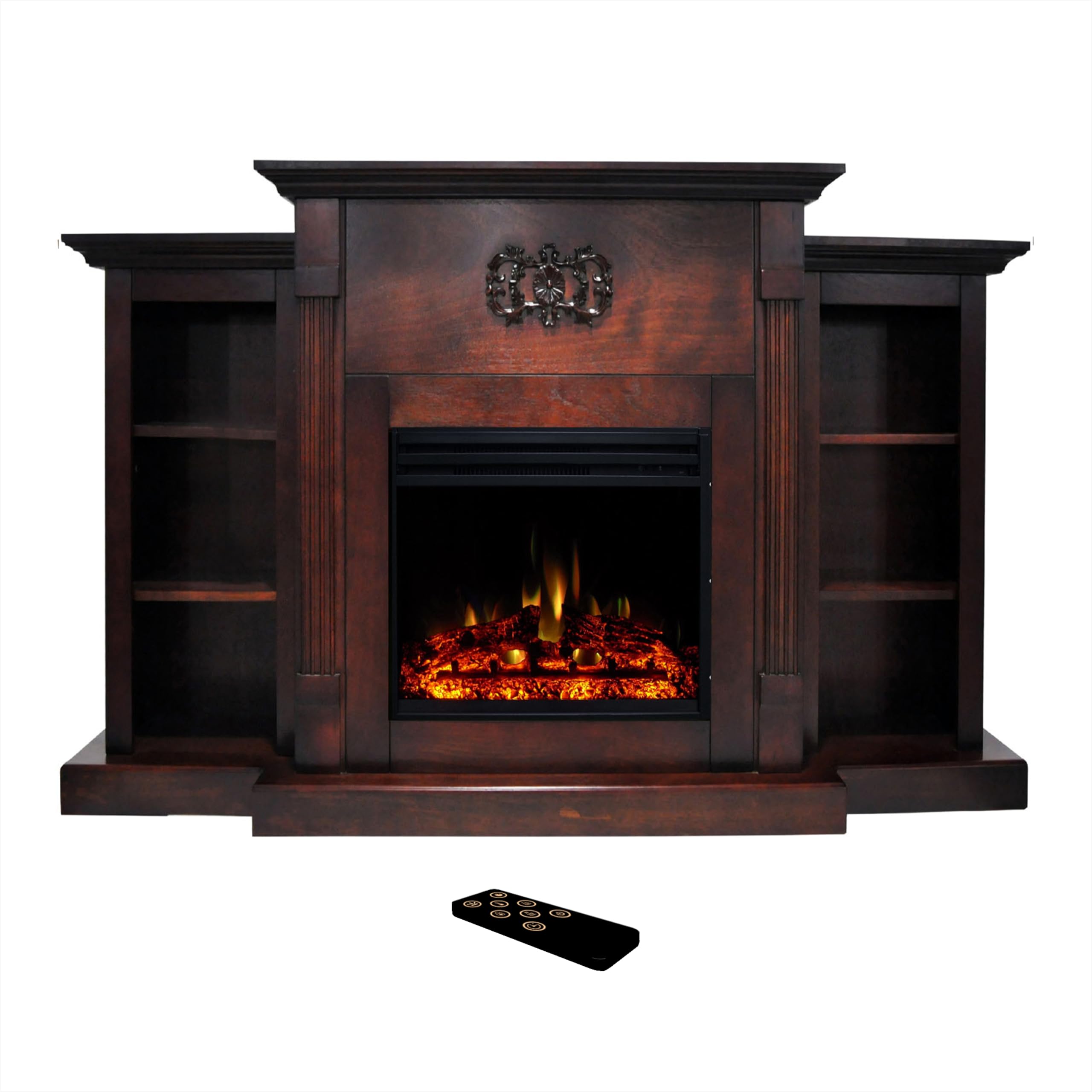Cambridge Sanoma 72 Inch Freestanding Electric Fireplace Heater with Traditional Mantel, Built-in Bookshelves, Colorful Flames, Timer, Remote Control, Deep Log Display, Mahogany