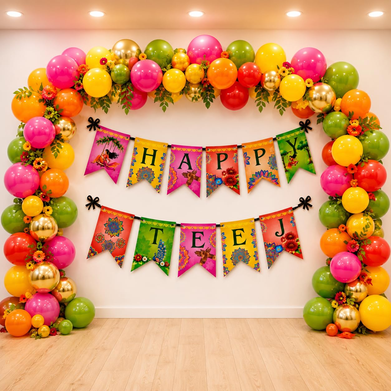 Party Box Happy Teej Decoration Kit with Balloon and Banner (Plain) | Green Foil Backdrop, Multicolour Balloons, Festive Bunting Banner, Complete Party Set-image-5