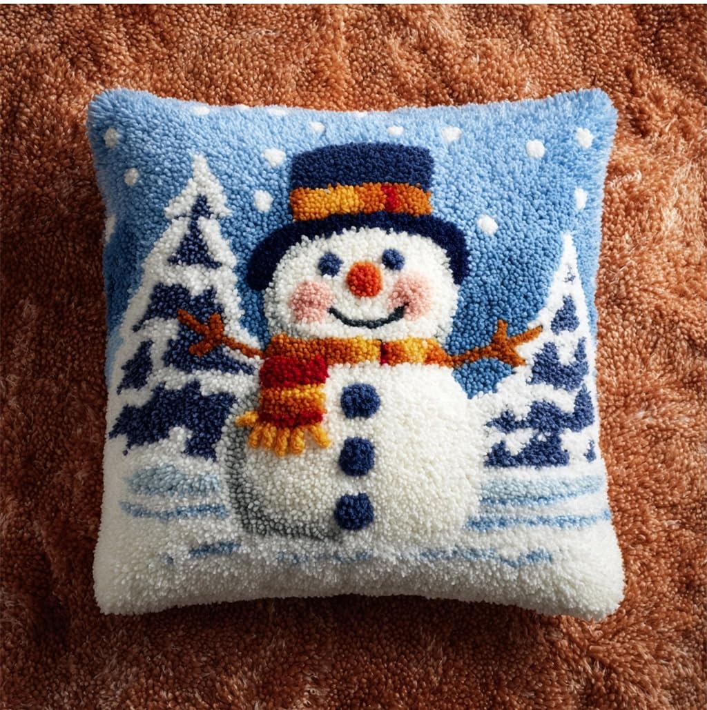 Taxpy Latch Hook Kits Pillow Snowscape Printed Cushion Crochet Yarn Embroidery Needlework Hook and Latch Kit Pillowcase Rug Cover Home Decor 43X43Cm