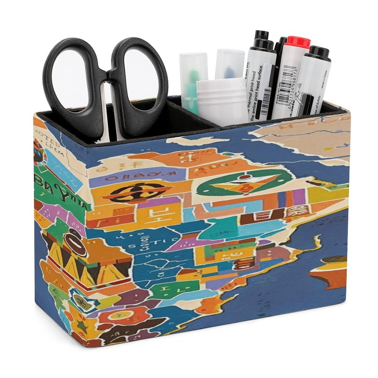 LZQPOEAS African Map Ethnic Pattern Leather Pen Holder with 2 Compartments Luxury Pencil Holder Minimalist Pencil Cup Brush Scissor Holders Elegant Pen Cup for Office Home Desk Accessories