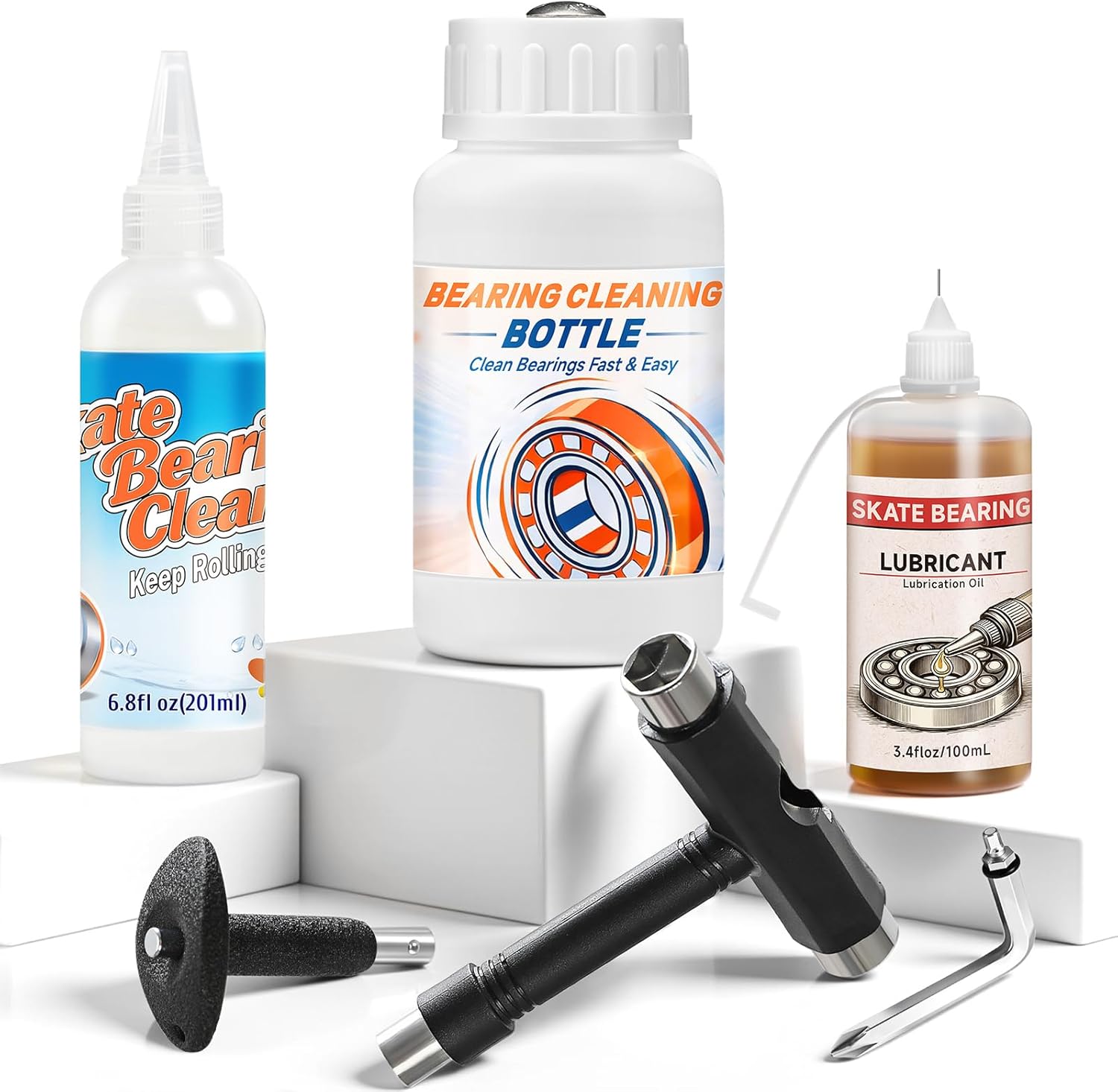 Skate Bearing Cleaning Kit – Portable Complete Bearing Maintenance System with Cleaning Bottle, 200ml Cleaner, 100ml Lubricant Oil, Bearing Press Puller & T Tool for Skateboard & Roller Skates