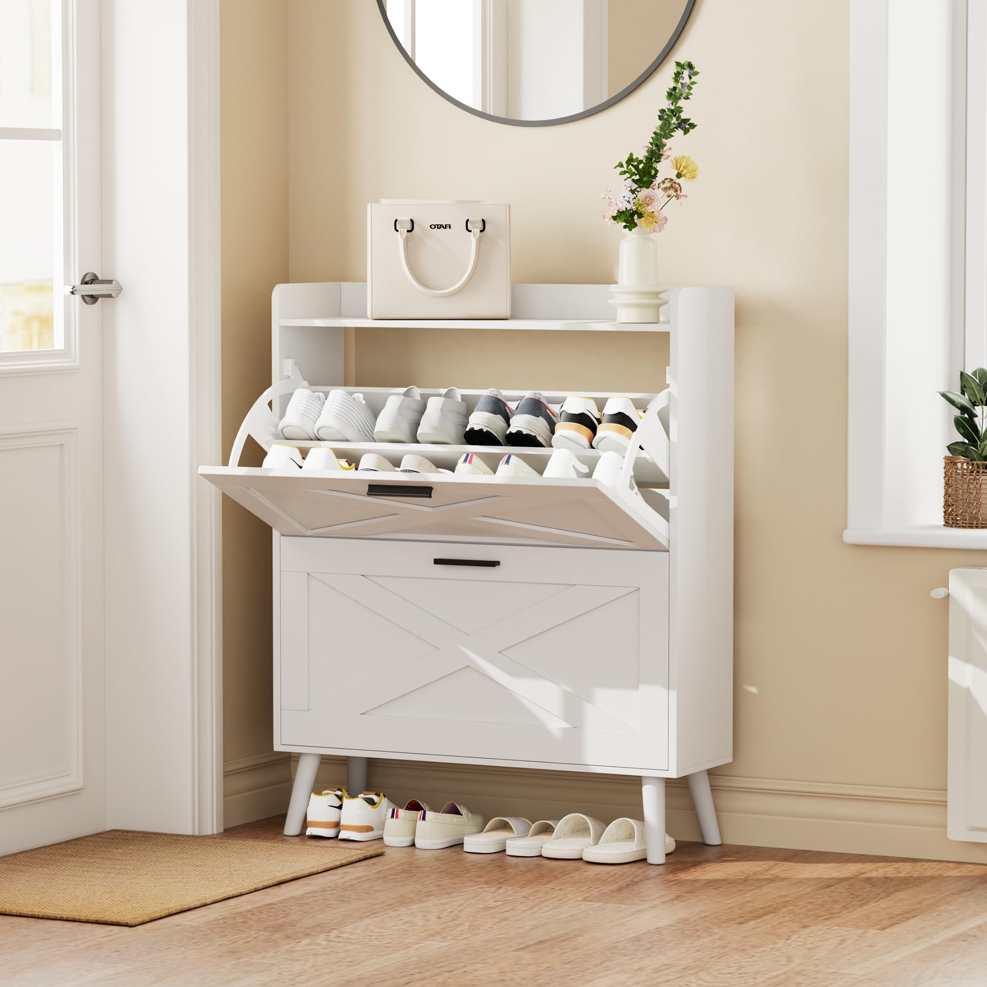 Shoe Rack For Front Door Entrance Homhougo Fluted Shoe Storage Cabinet With 4 Flip Drawers, Narrow Wooden Shoe Organizer With Metal Legs, Modern Farmhouse Hidden Shoe Rack ,White + Oak Flip Drawer