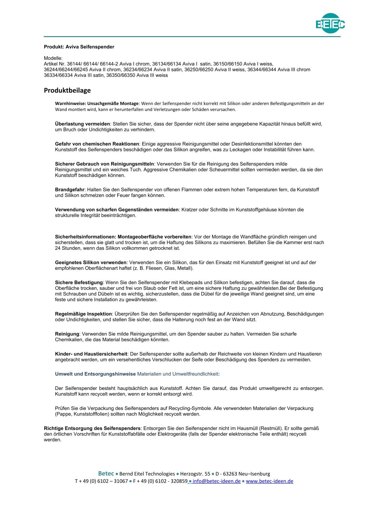 BETEC 36150 Seifenspender Aviva I Weiss Hotelversion abschließbar - Wandmontage