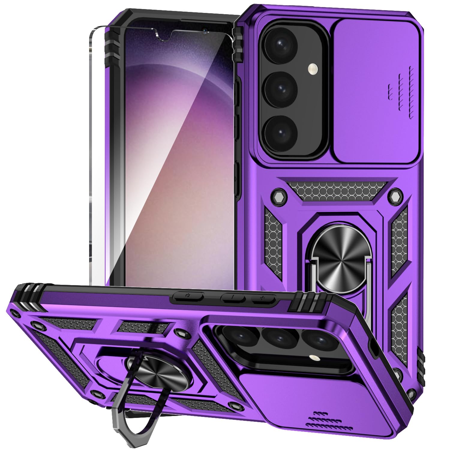 KEYUJIE for Galaxy S25 Case with Slide Camera Cover HD Screen Protector [Military Grade 16ft. Drop Tested] Magnetic Ring Kickstand Protective Phone