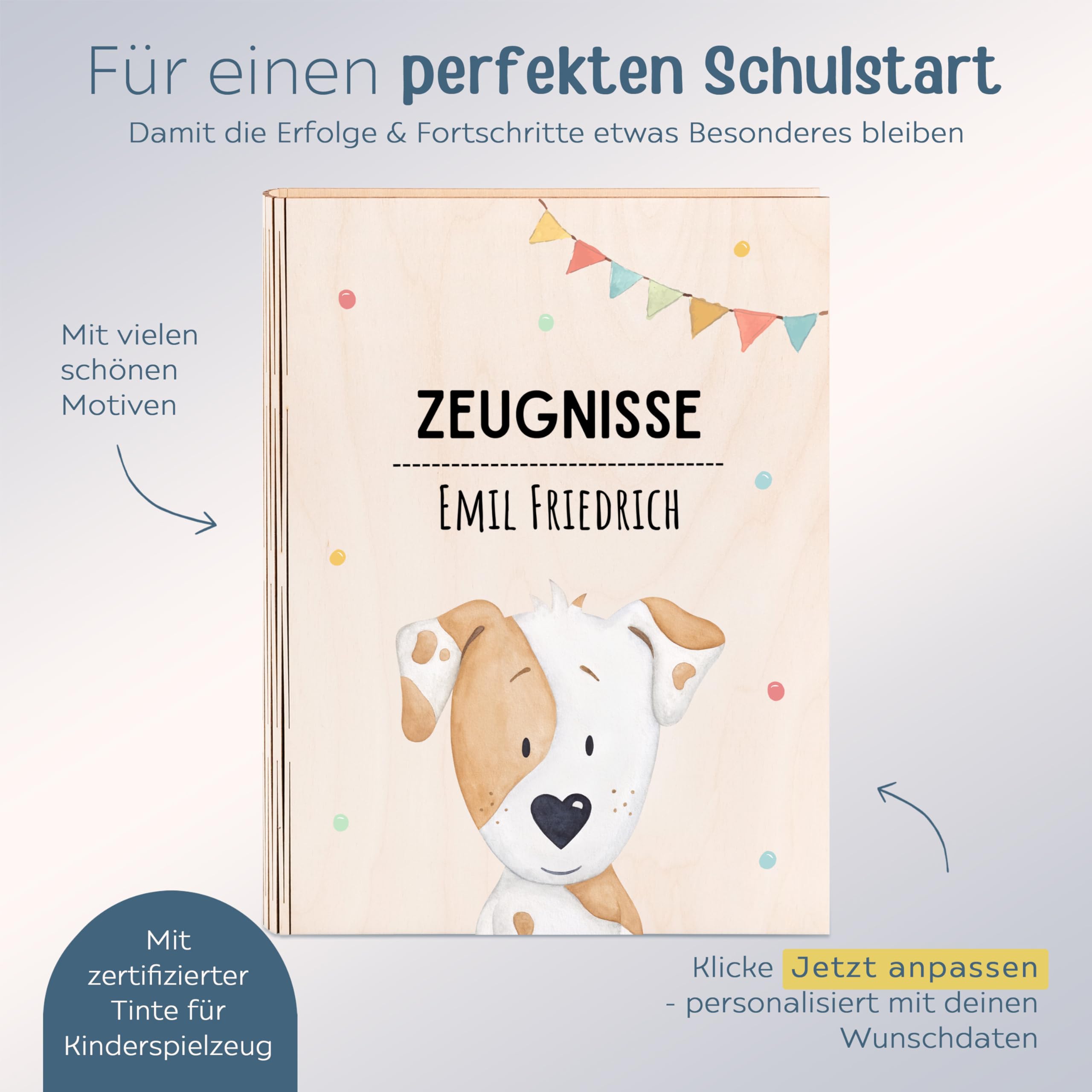 Wunderwunsch® - Personalisierte Zeugnismappe aus Holz Mit Hochwertigem Spezial-Druck - Einschulung Geschenk für Jungen & Mädchen (Hund Girlande)