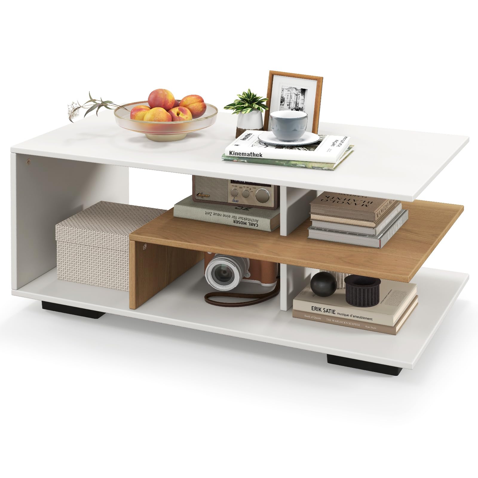 COSTWAY 3-Tier Coffee Table, Wooden Geometric Cocktail Center Table with Storage Shelves and Reinforced Feet, Industrial/Modern Accent Sofa Side Tea Table for Living Room Bedroom (White+Natural)