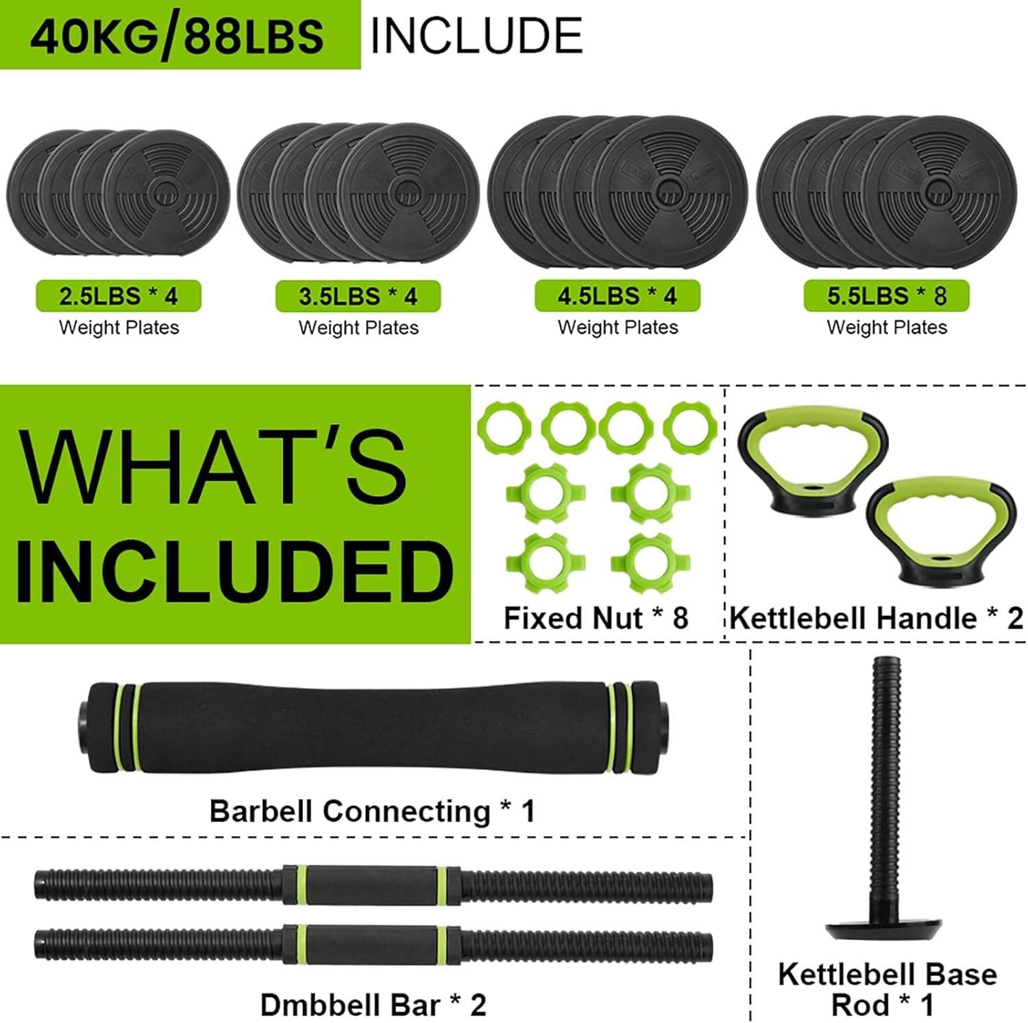 Adjustable Dumbbell Set, 44/66/88 Lbs Free Weight Dumbbells Set, 4 in 1 Dumbbells Set Used As a Kettlebell, Barbell, Push Up Stand, Exercise & Fitness for Home Gym, Black & Green